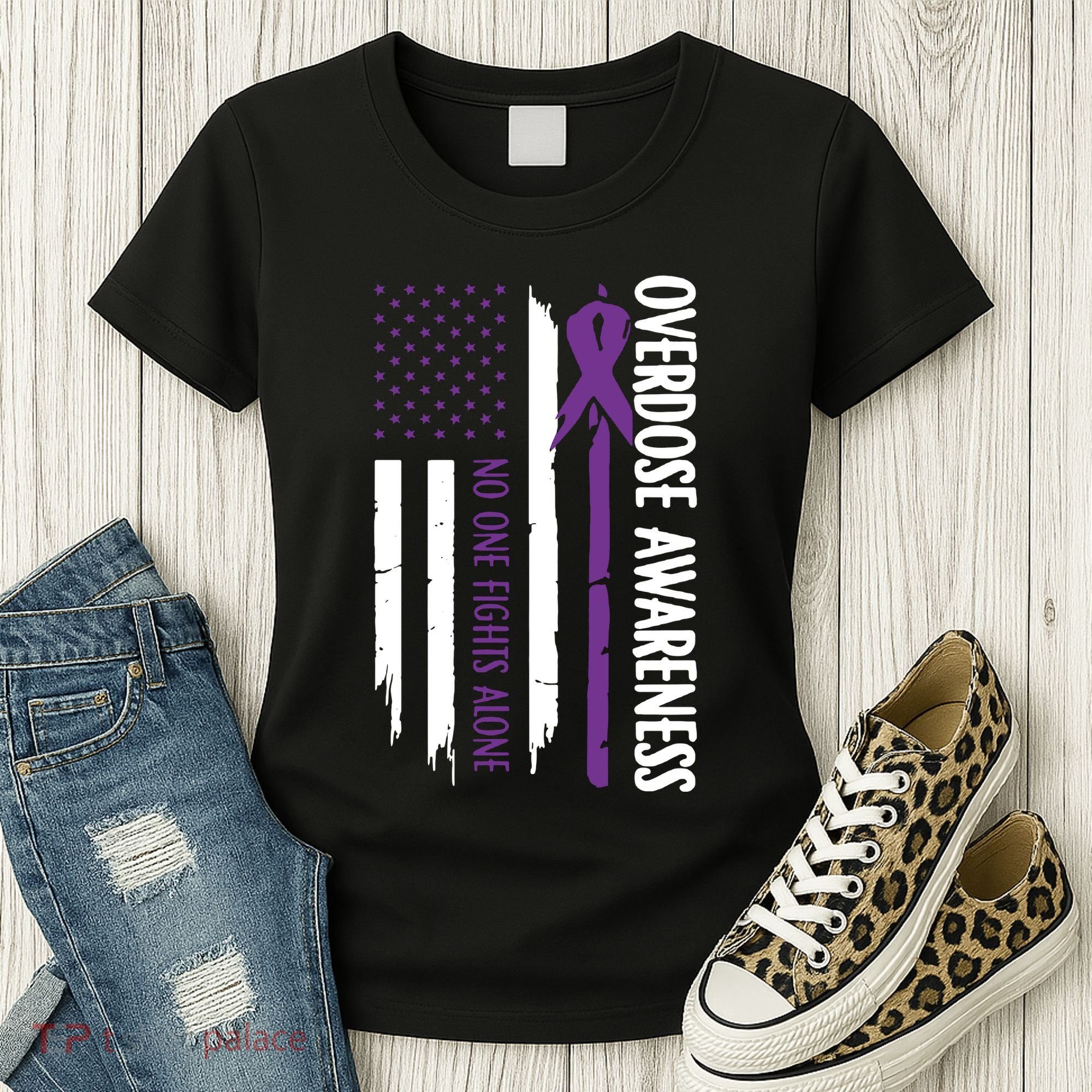 Overdose Awareness Noone Fights Alone Purple Ribbon Flag Women's T-Shirt