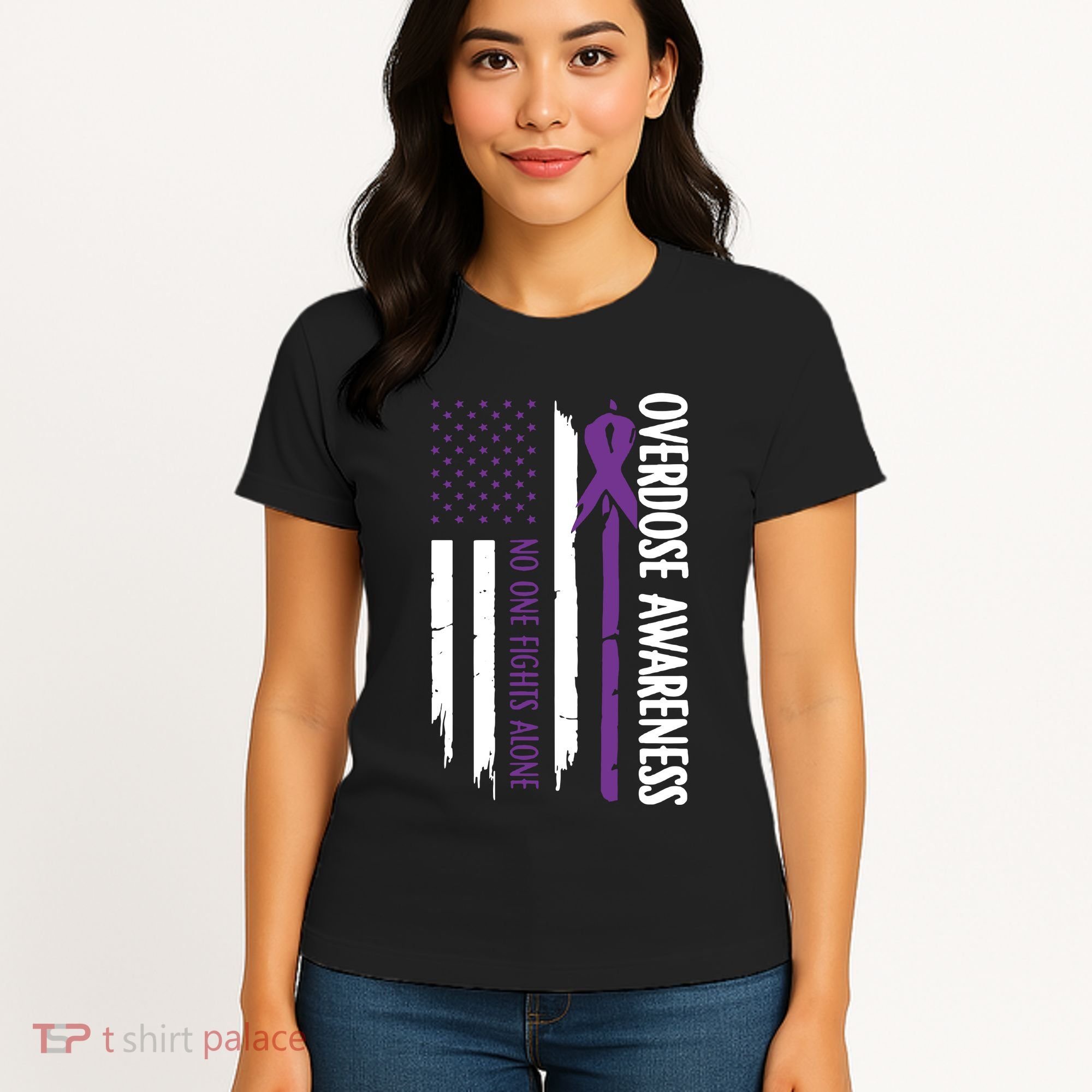 Overdose Awareness Noone Fights Alone Purple Ribbon Flag Women's T-Shirt