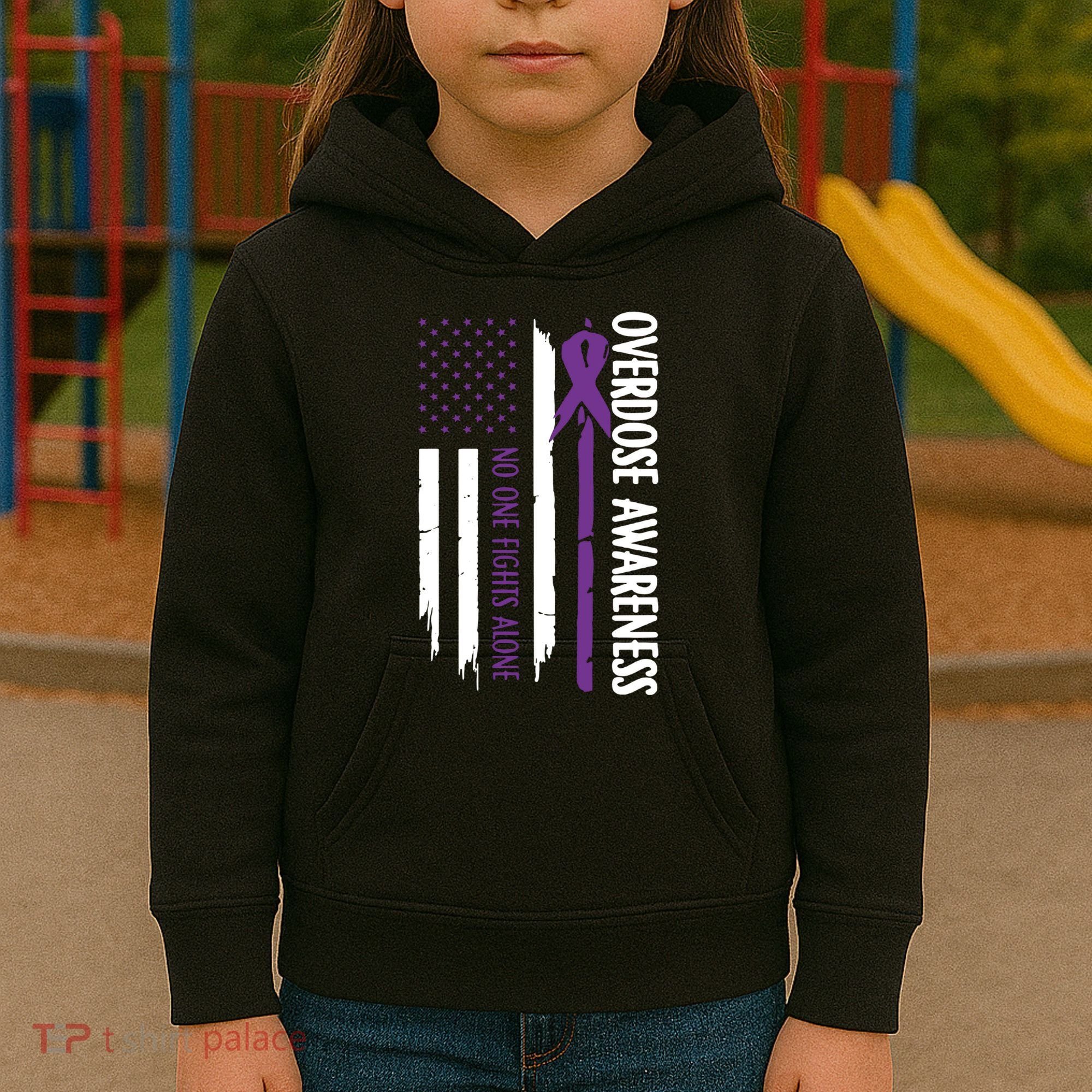 Overdose Awareness Noone Fights Alone Purple Ribbon Flag Kids Hoodie