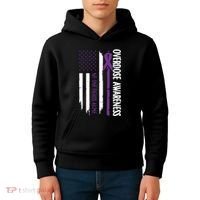Overdose Awareness Noone Fights Alone Purple Ribbon Flag Kids Hoodie thumb 4
