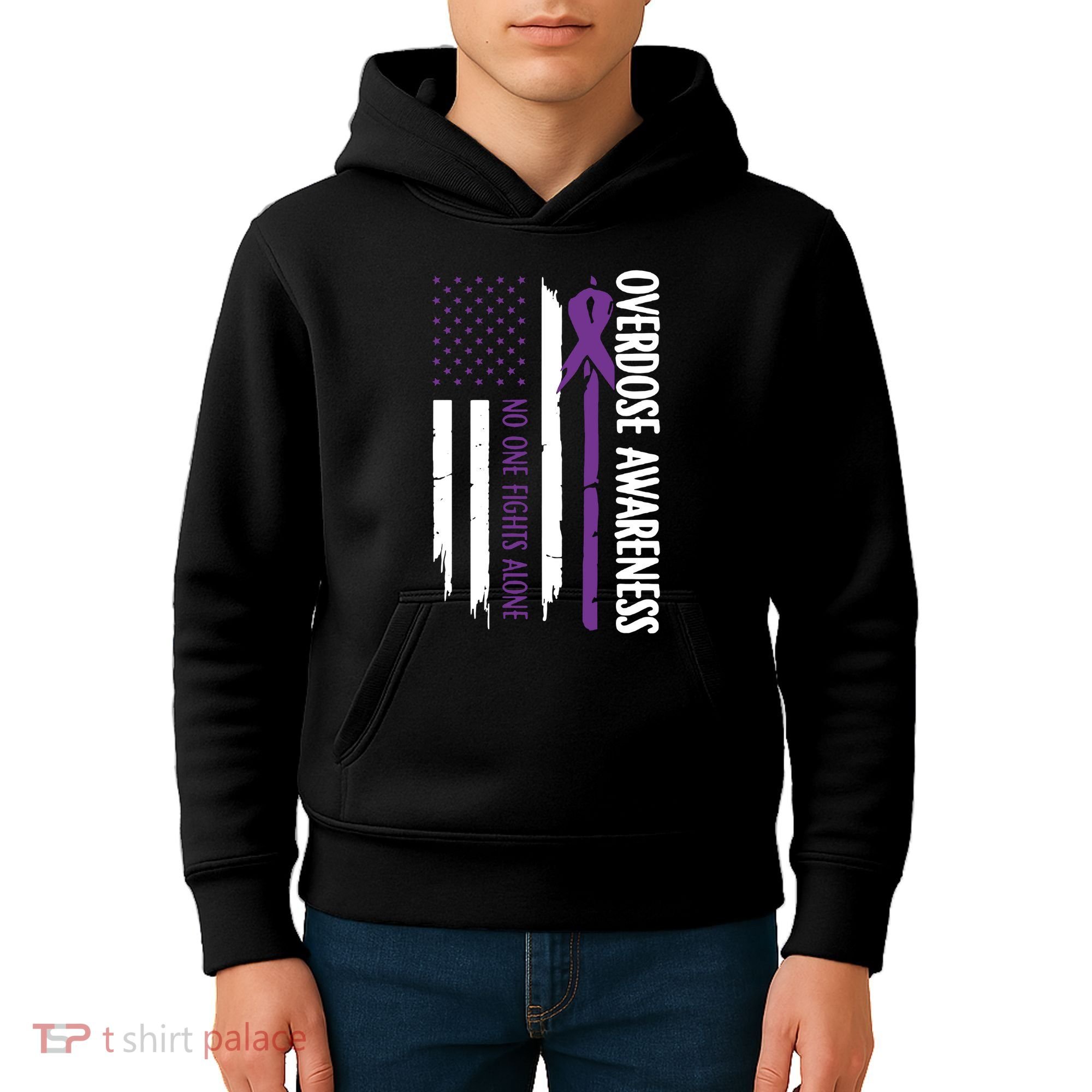 Overdose Awareness Noone Fights Alone Purple Ribbon Flag Kids Hoodie