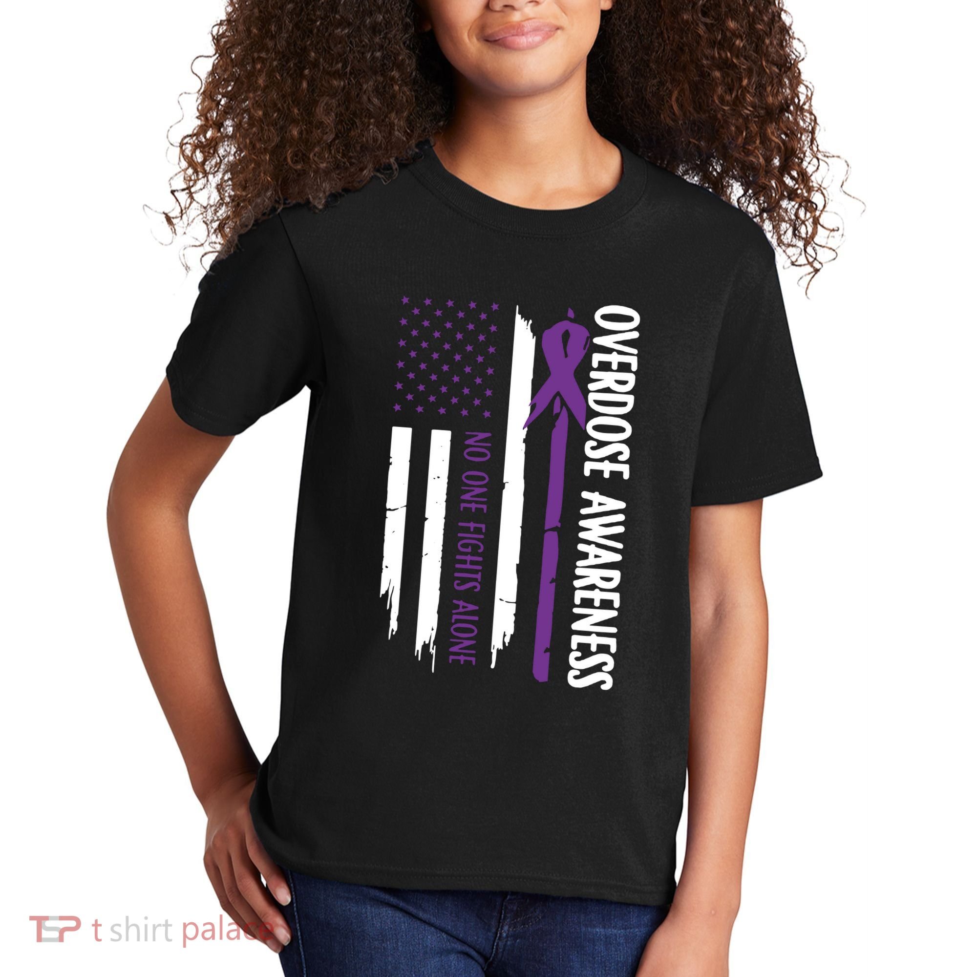 Overdose Awareness Noone Fights Alone Purple Ribbon Flag Kids T-Shirt