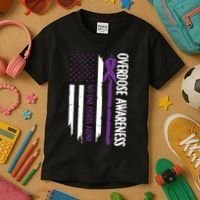 Overdose Awareness Noone Fights Alone Purple Ribbon Flag Kids T-Shirt thumb 3