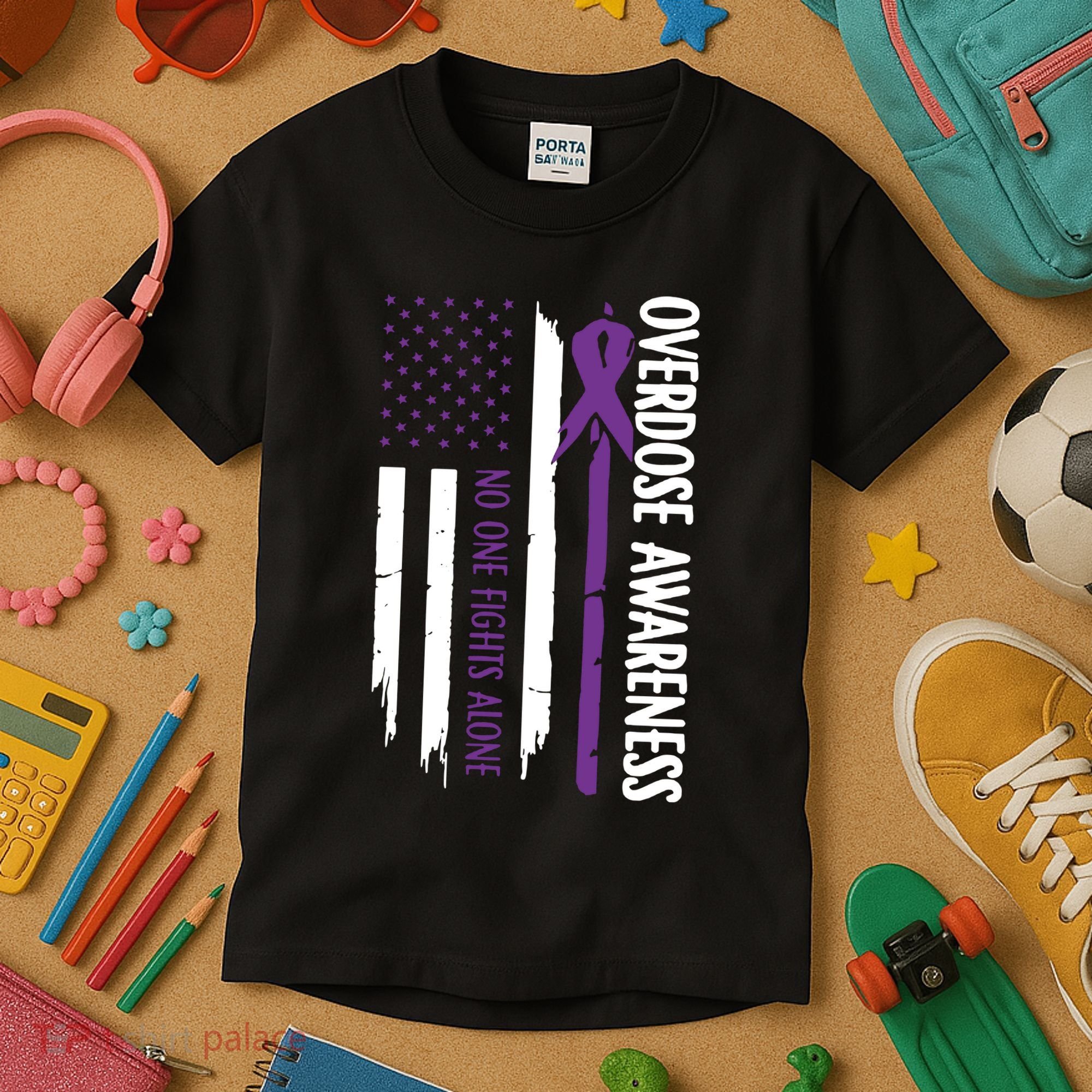Overdose Awareness Noone Fights Alone Purple Ribbon Flag Kids T-Shirt