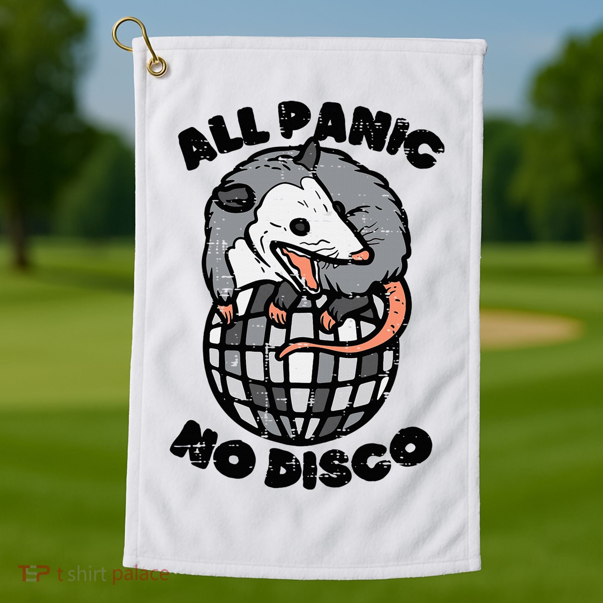 Opossum All Panic No Disco Funny Possum Scream Golf Towel