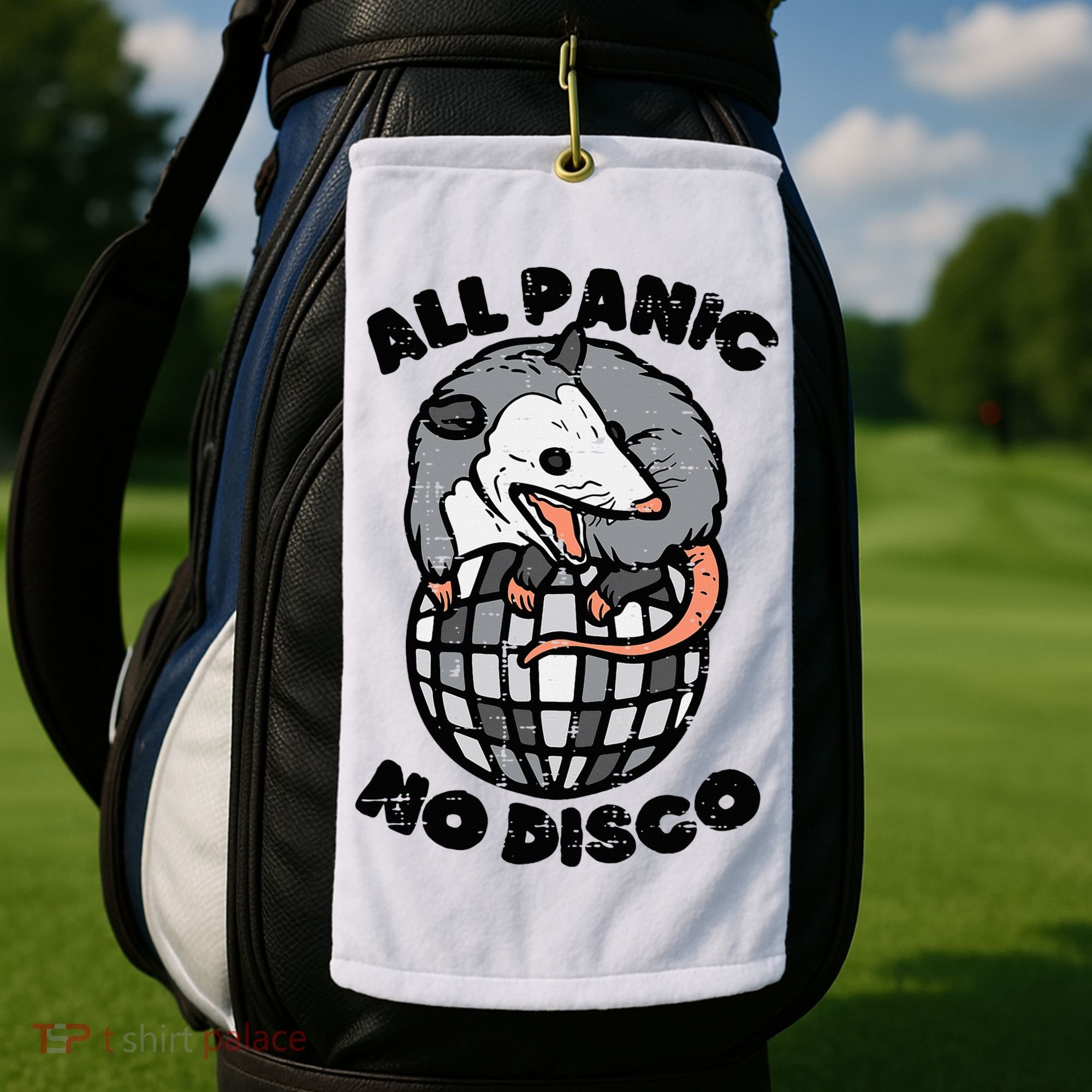 Opossum All Panic No Disco Funny Possum Scream Golf Towel