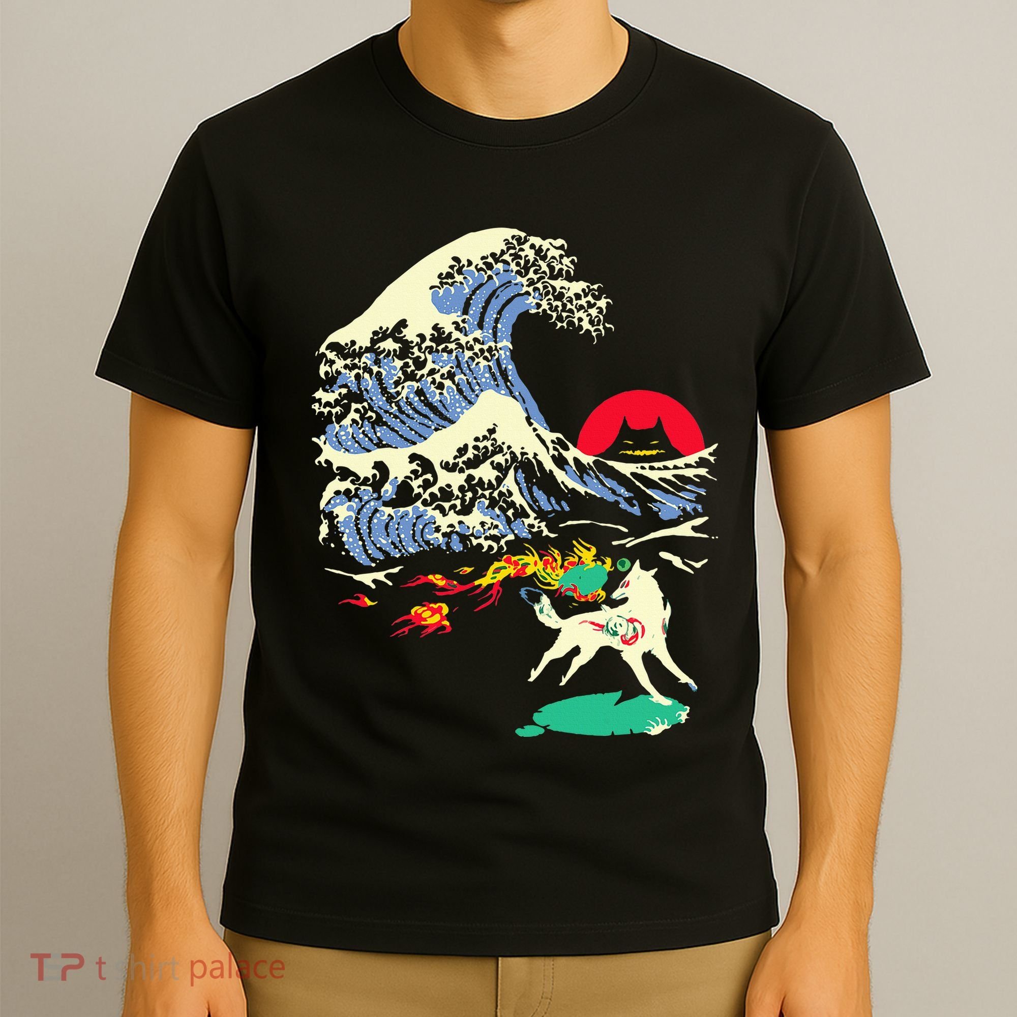 Okami Amaterasu Sun God Wolf The Great Wave Video Game T-Shirt