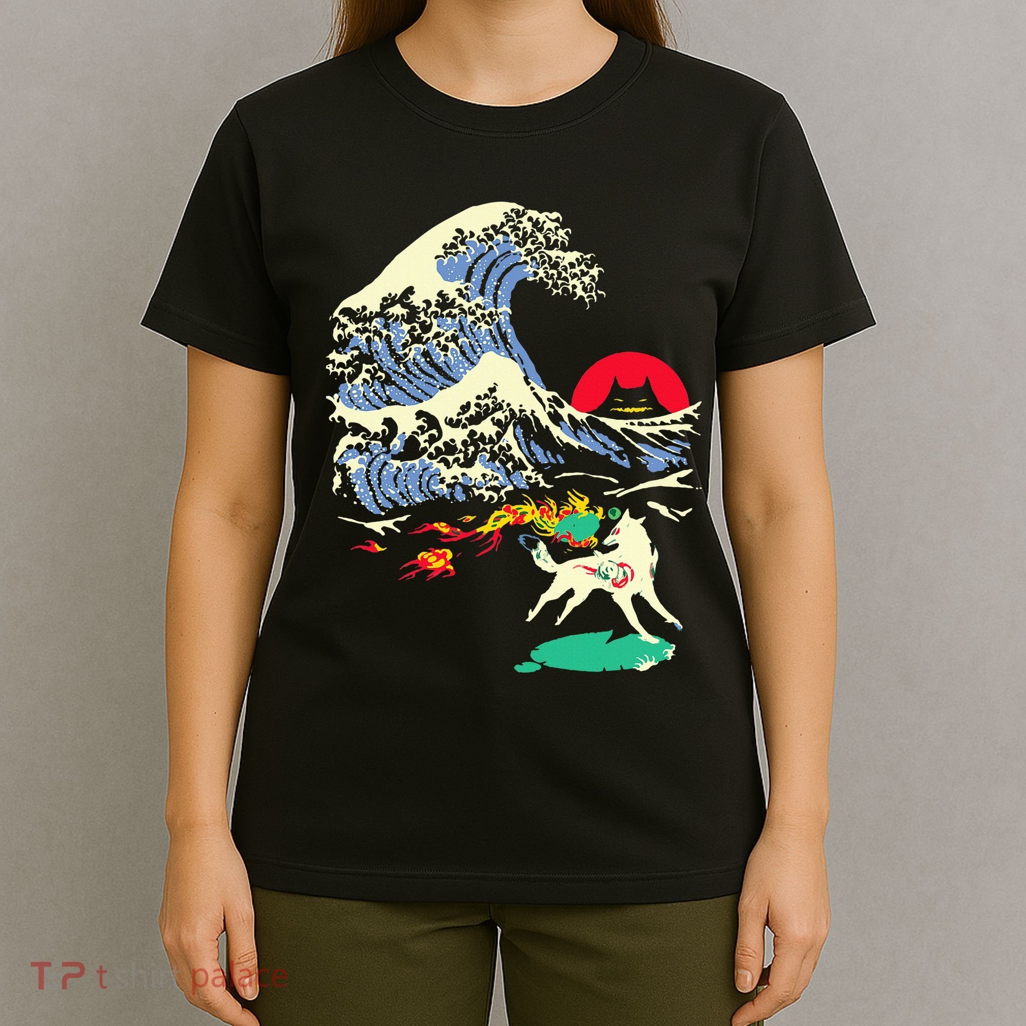 Okami Amaterasu Sun God Wolf The Great Wave Video Game T-Shirt
