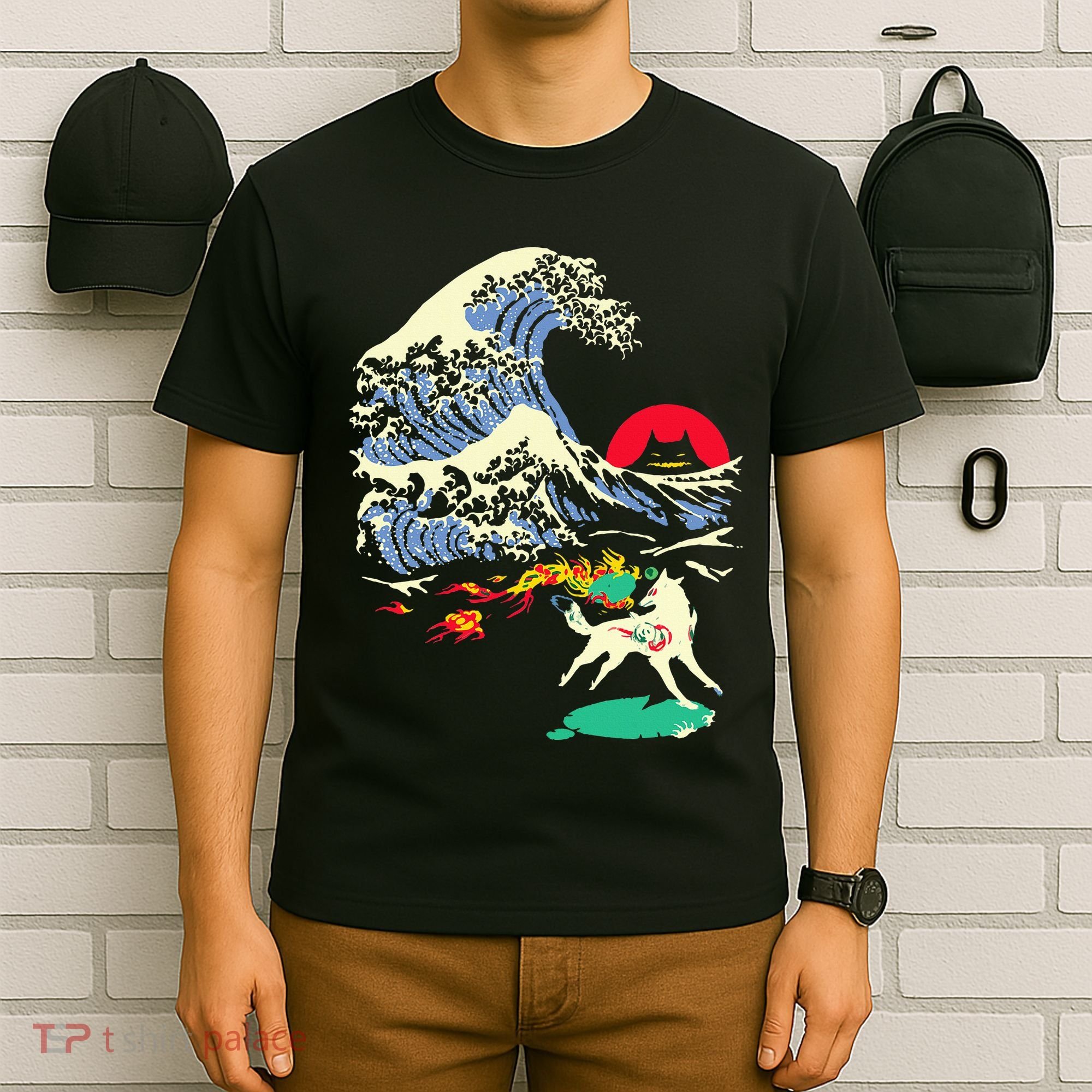 Okami Amaterasu Sun God Wolf The Great Wave Video Game T-Shirt