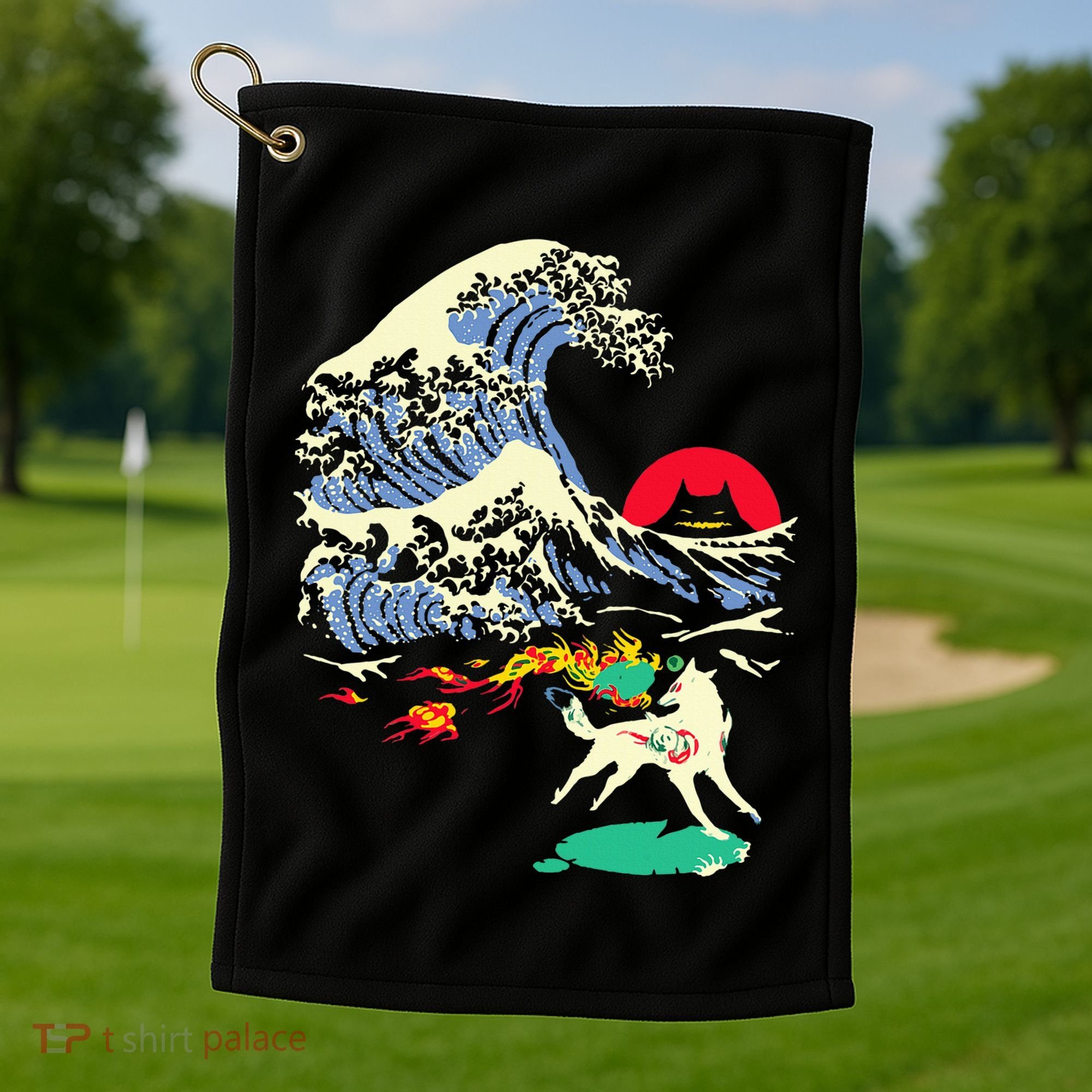 Okami Amaterasu Sun God Wolf The Great Wave Video Game Golf Towel