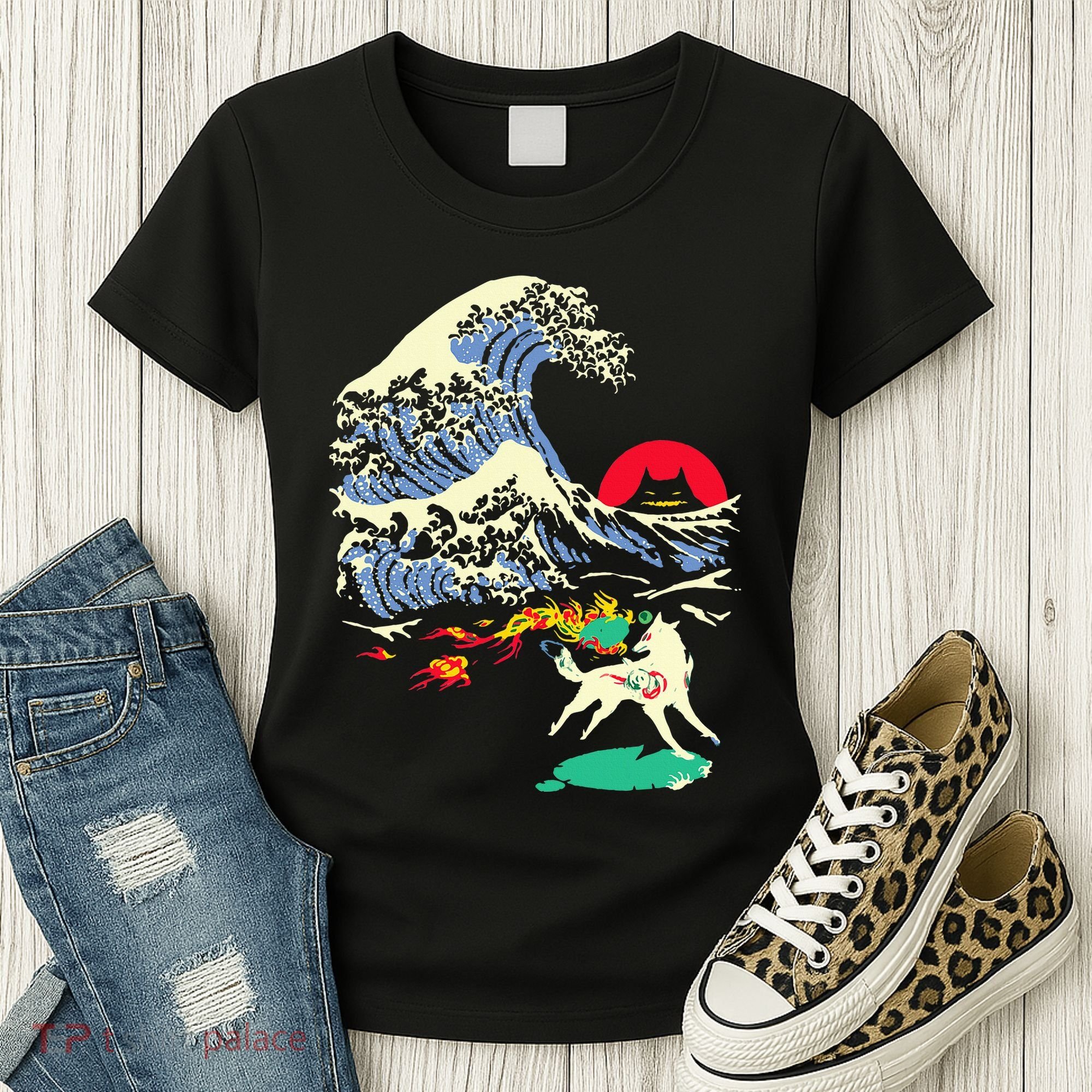 Okami Amaterasu Sun God Wolf The Great Wave Video Game Women's T-Shirt