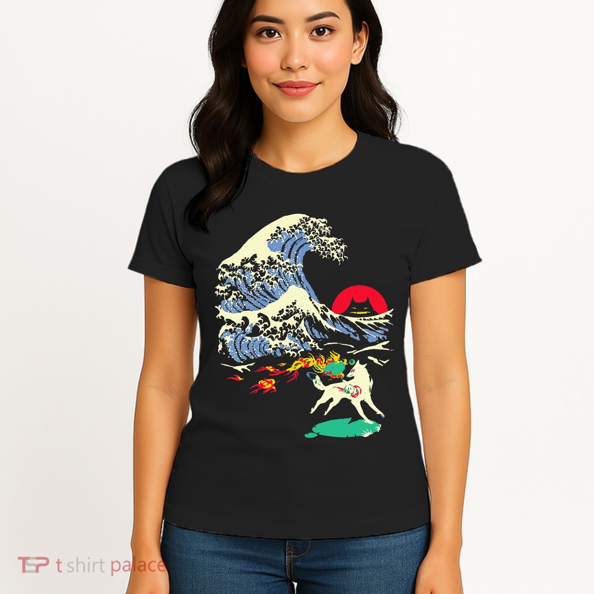 Okami Amaterasu Sun God Wolf The Great Wave Video Game Women's T-Shirt