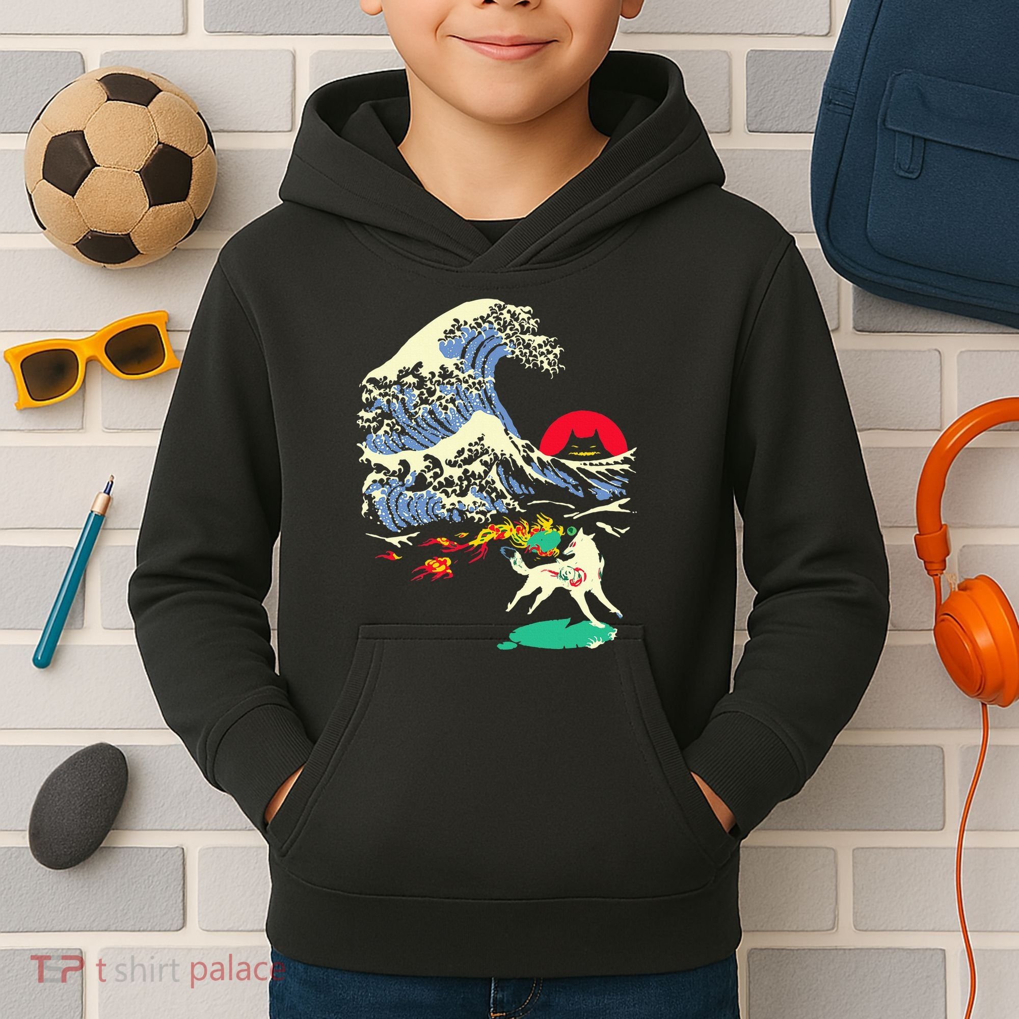 Okami Amaterasu Sun God Wolf The Great Wave Video Game Kids Hoodie