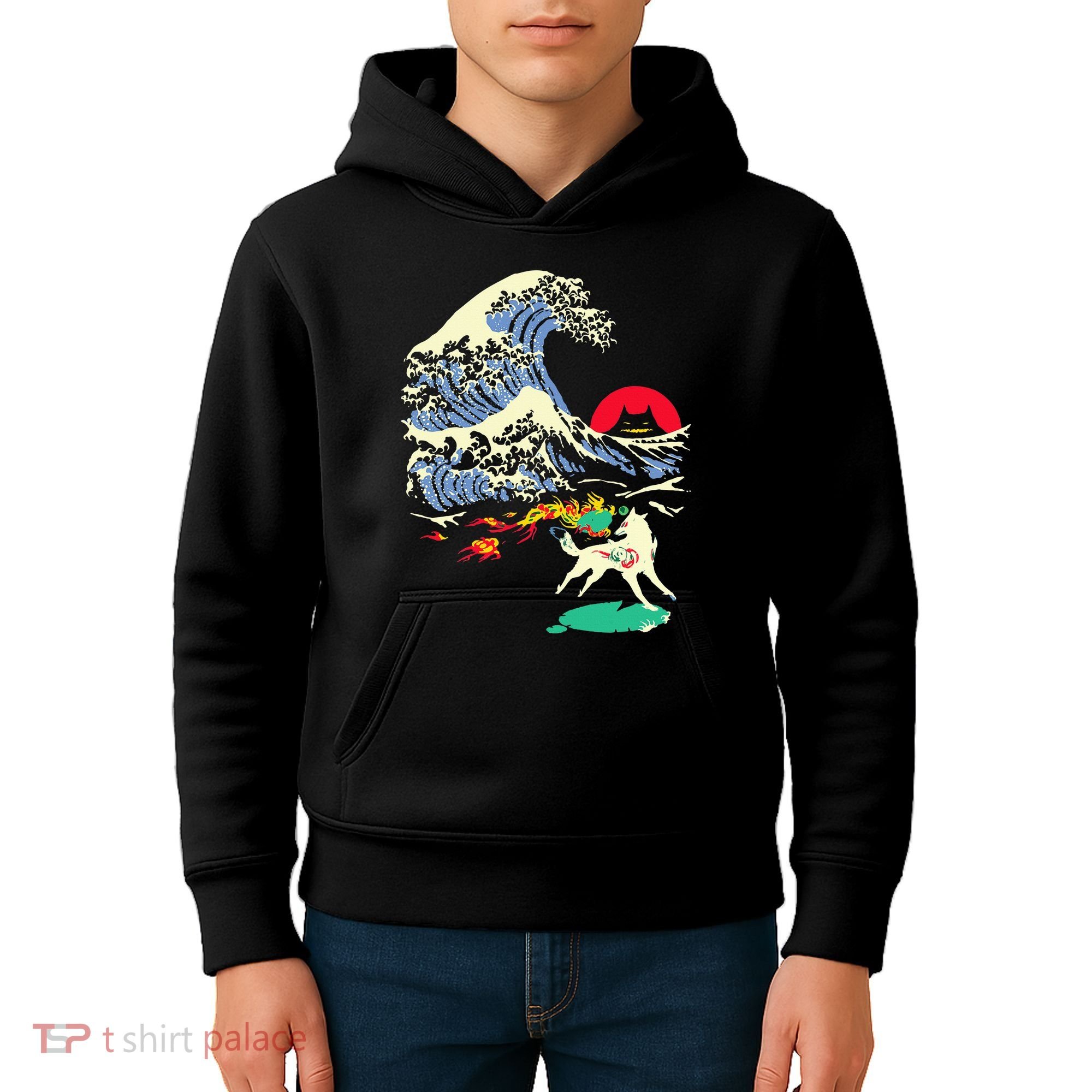 Okami Amaterasu Sun God Wolf The Great Wave Video Game Kids Hoodie