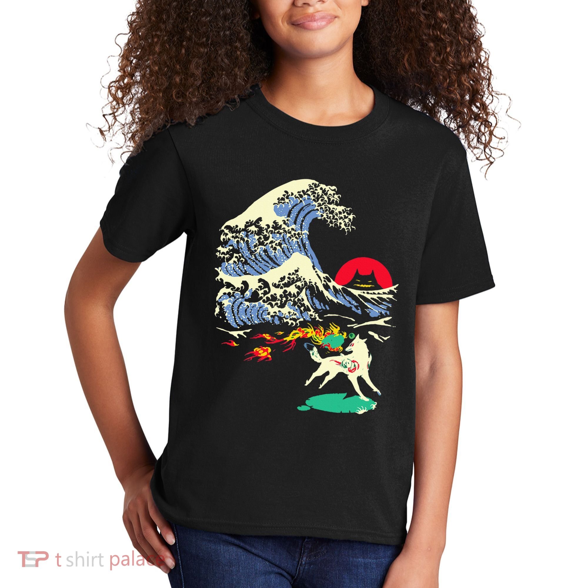 Okami Amaterasu Sun God Wolf The Great Wave Video Game Kids T-Shirt