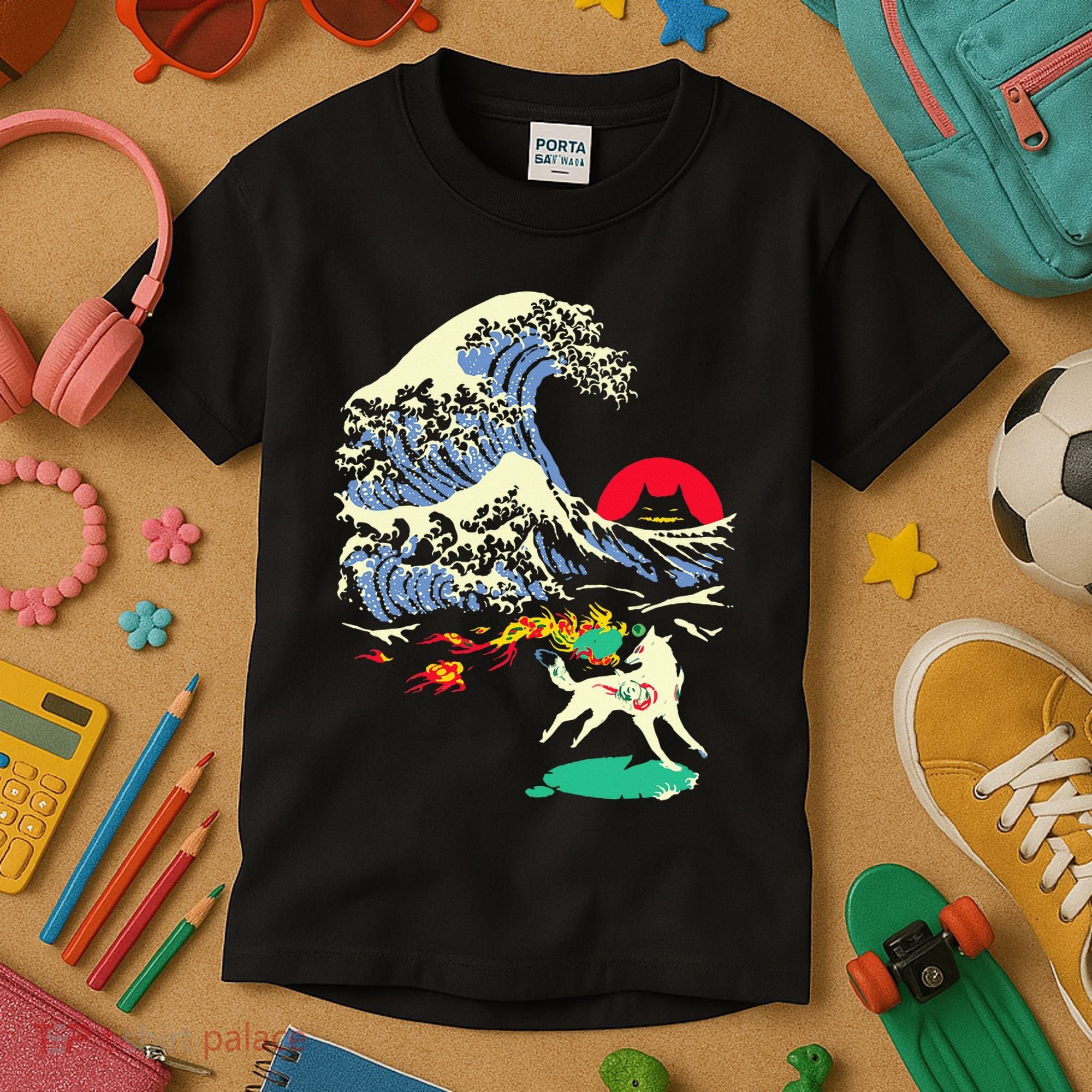 Okami Amaterasu Sun God Wolf The Great Wave Video Game Kids T-Shirt