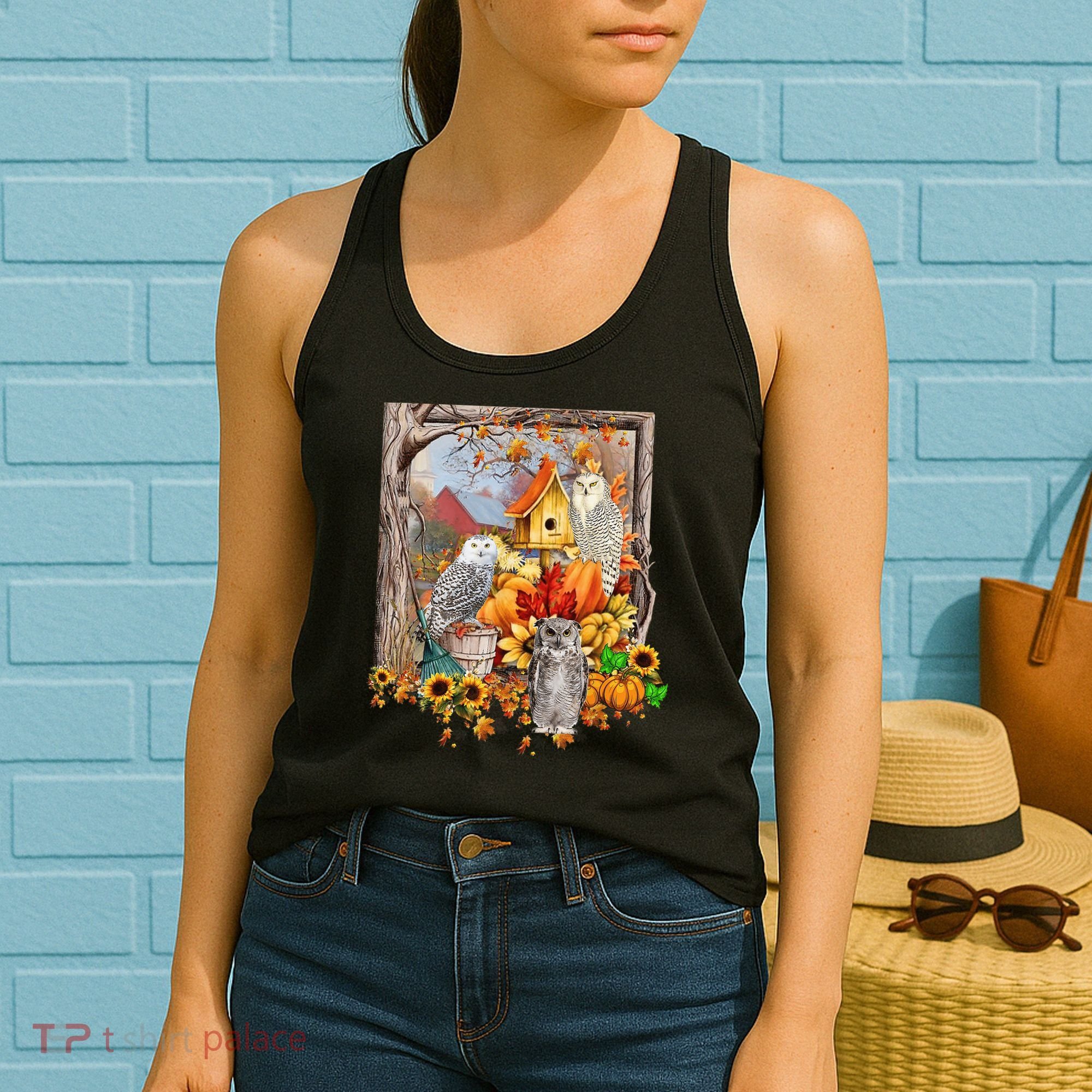 Owls Autumn Tree Leaves Fall Pumpkin Women's Tank Top