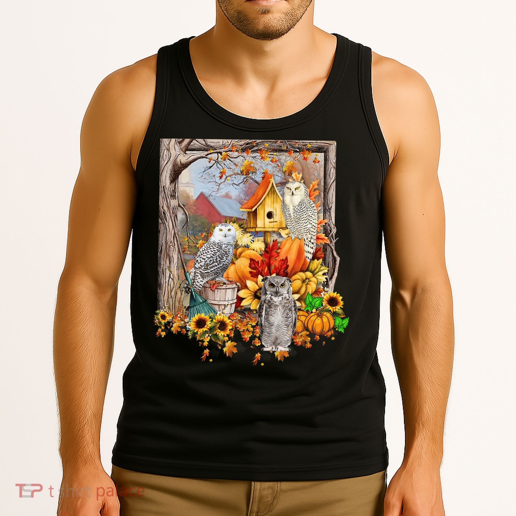 Owls Autumn Tree Leaves Fall Pumpkin Tank Top