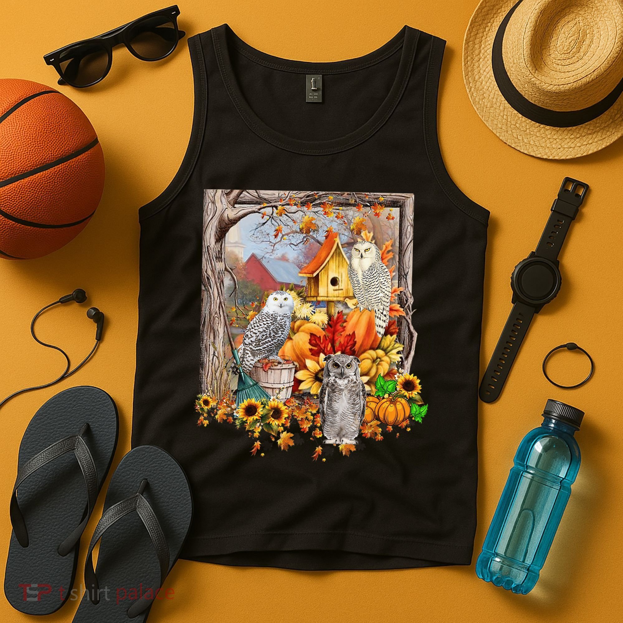 Owls Autumn Tree Leaves Fall Pumpkin Tank Top