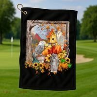 Owls Autumn Tree Leaves Fall Pumpkin Golf Towel thumb 1
