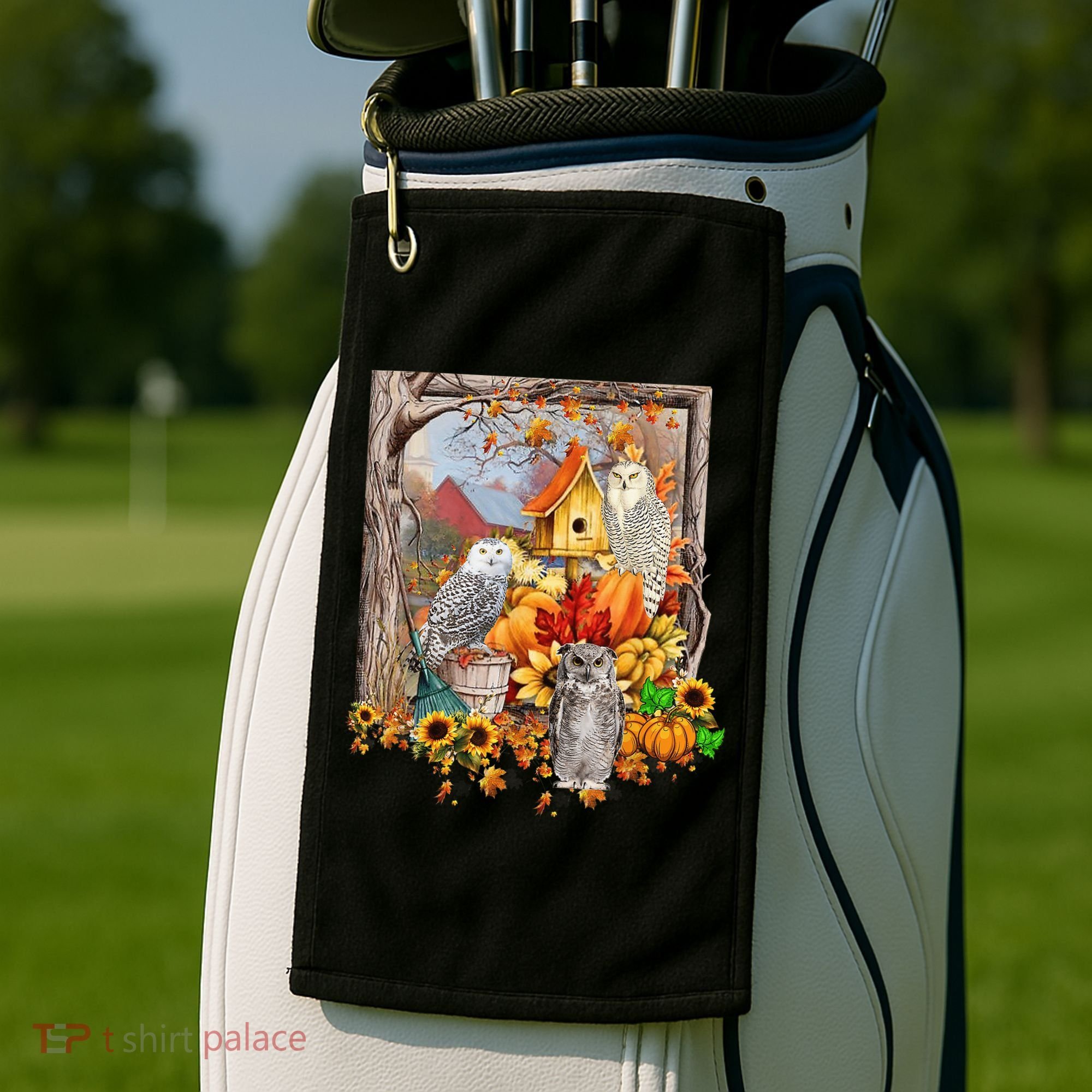 Owls Autumn Tree Leaves Fall Pumpkin Golf Towel