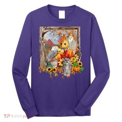 Owls Autumn Tree Leaves Fall Pumpkin Long Sleeve Shirt