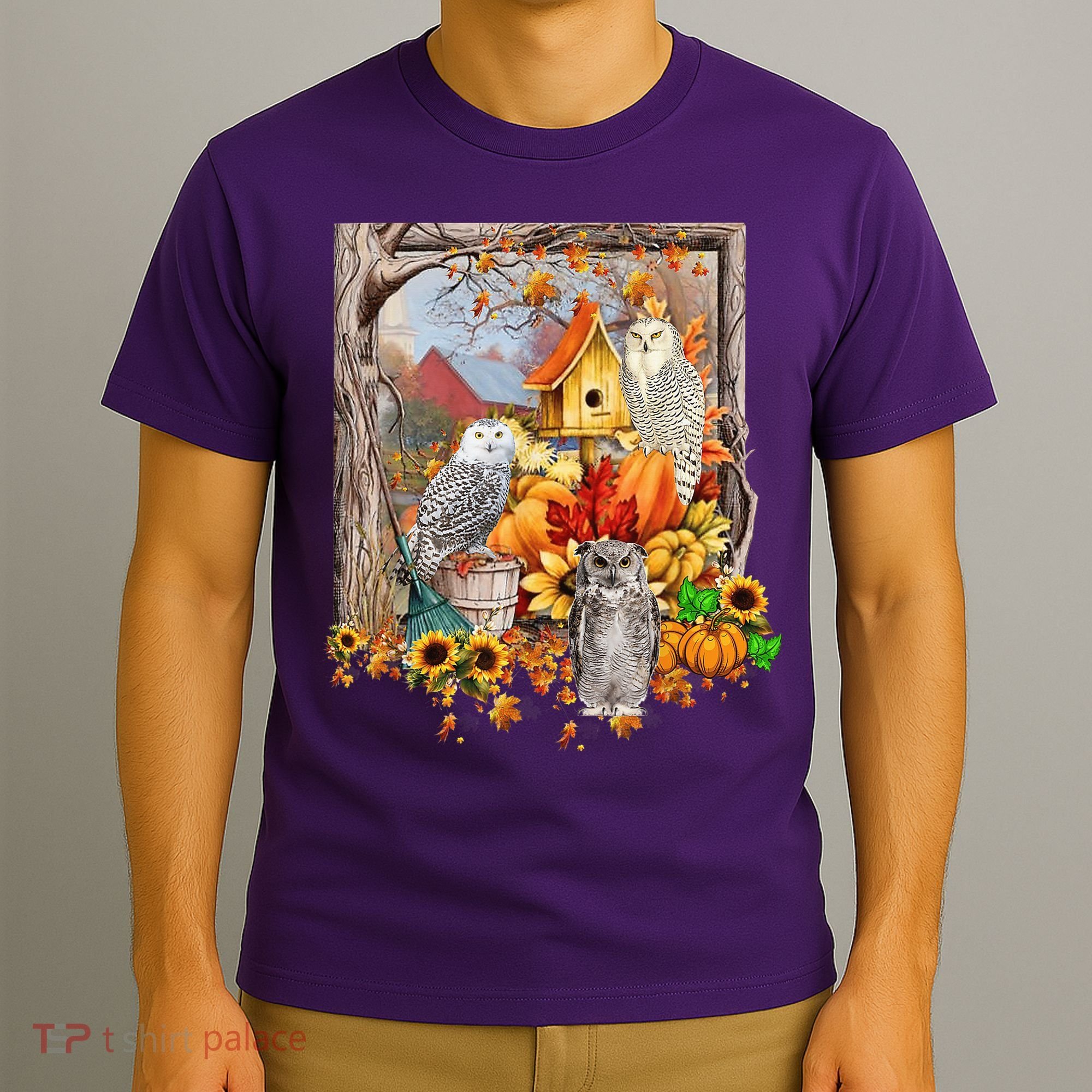 Owls Autumn Tree Leaves Fall Pumpkin T-Shirt