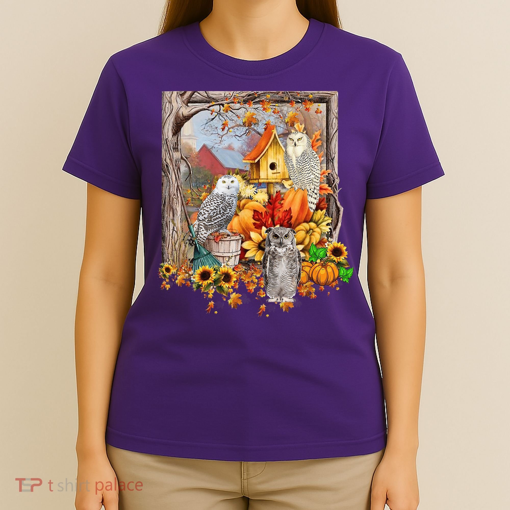 Owls Autumn Tree Leaves Fall Pumpkin T-Shirt