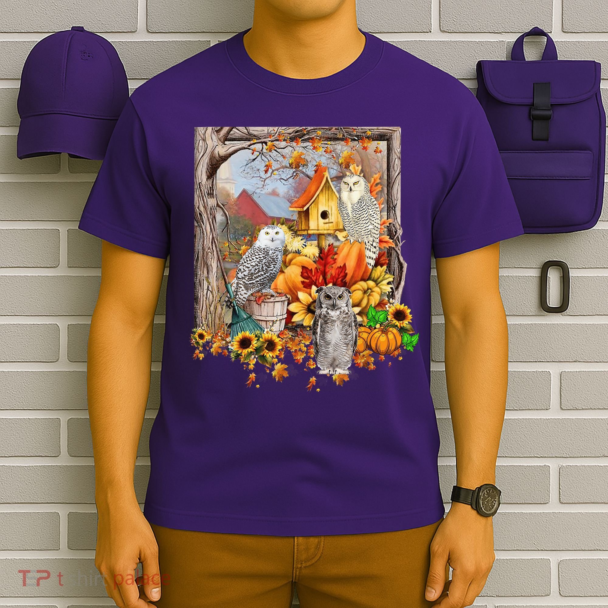 Owls Autumn Tree Leaves Fall Pumpkin T-Shirt