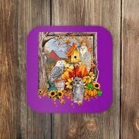 Owls Autumn Tree Leaves Fall Pumpkin Coaster thumb 0
