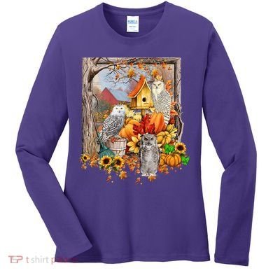 Owls Autumn Tree Leaves Fall Pumpkin Women's Long Sleeve Shirt