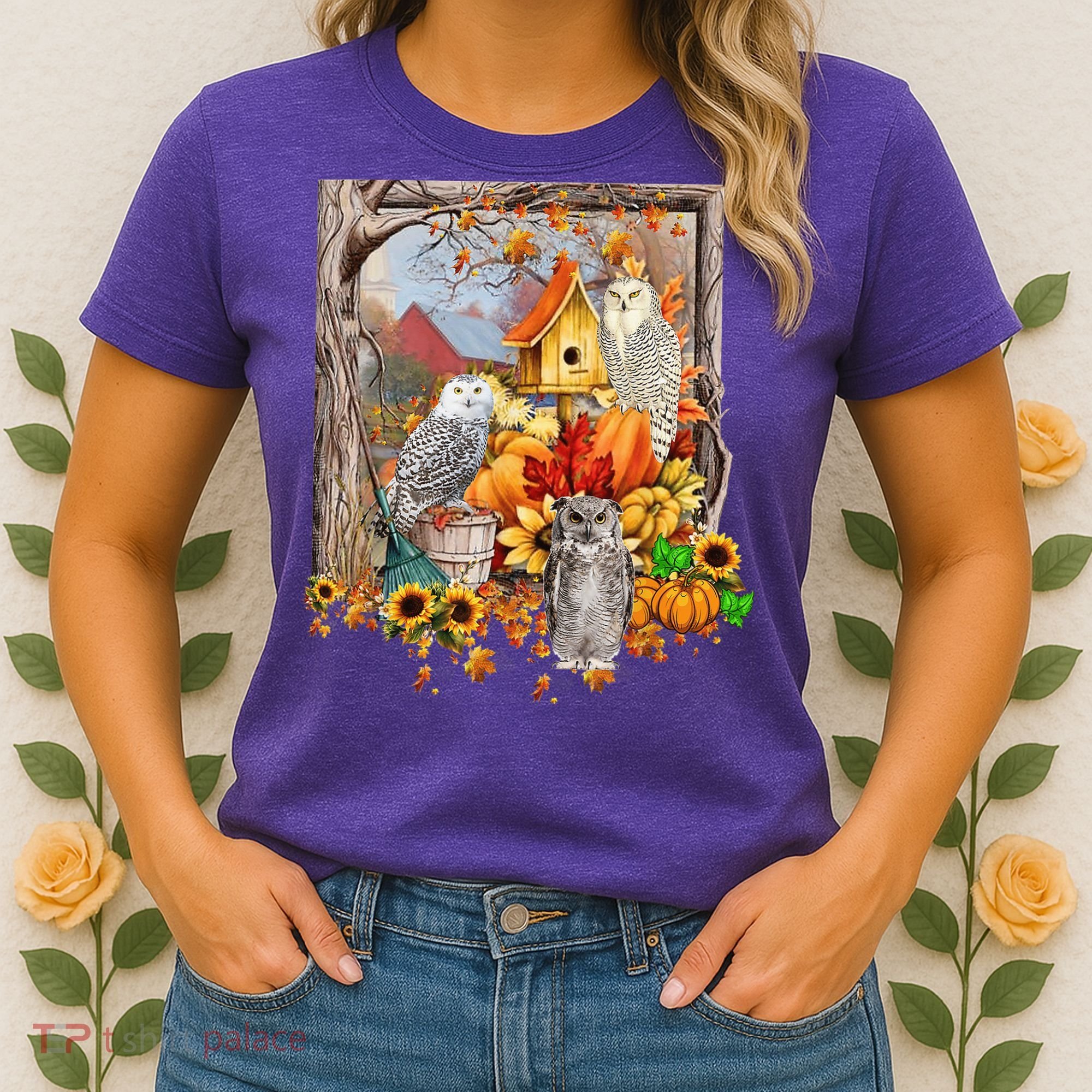 Owls Autumn Tree Leaves Fall Pumpkin Women's T-Shirt