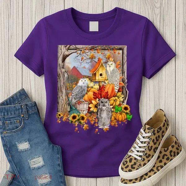 Owls Autumn Tree Leaves Fall Pumpkin Women's T-Shirt