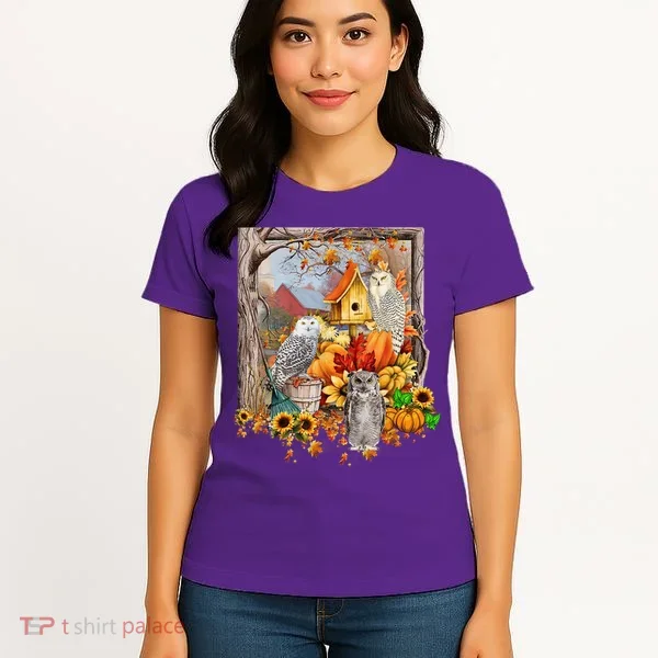 Owls Autumn Tree Leaves Fall Pumpkin Women's T-Shirt