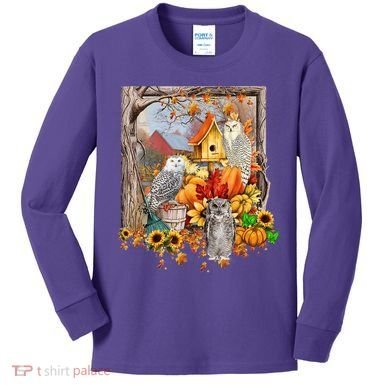 Owls Autumn Tree Leaves Fall Pumpkin Kids Long Sleeve Shirt