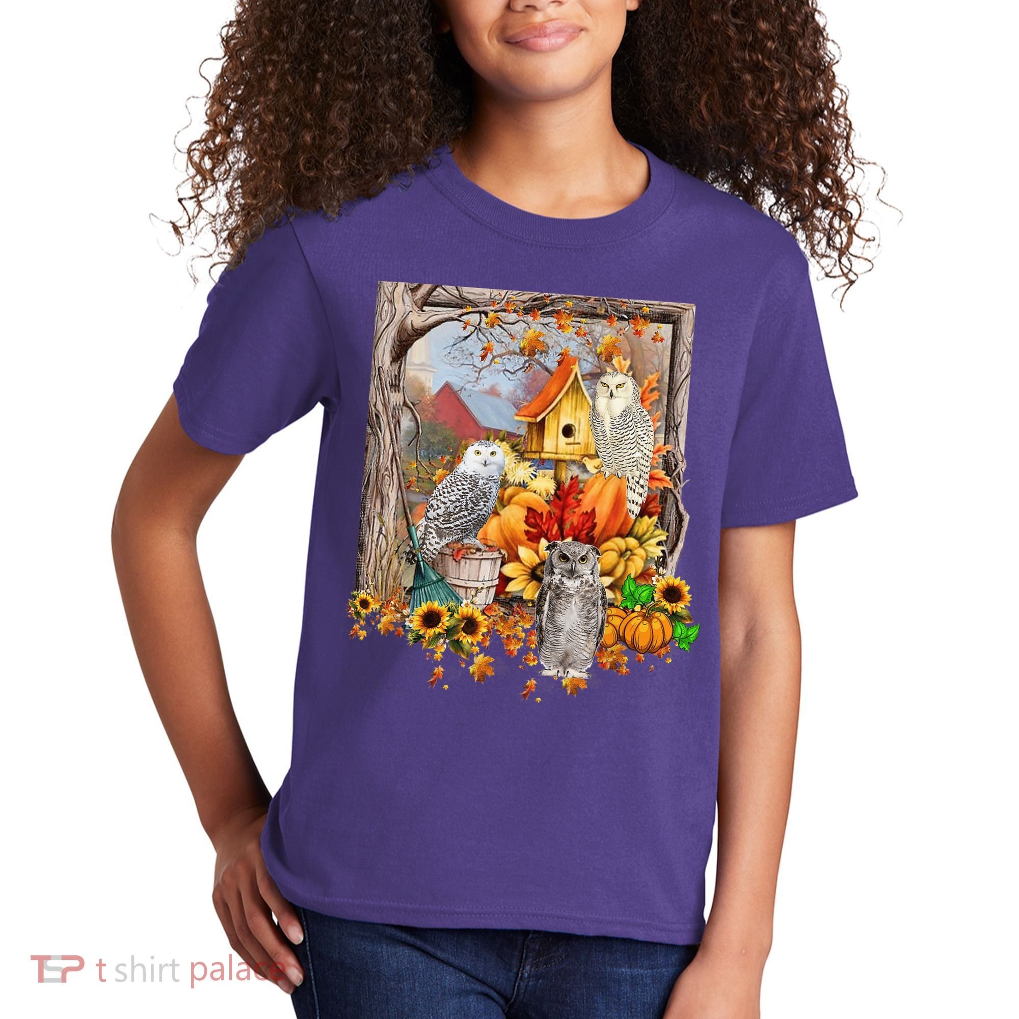 Owls Autumn Tree Leaves Fall Pumpkin Kids T-Shirt