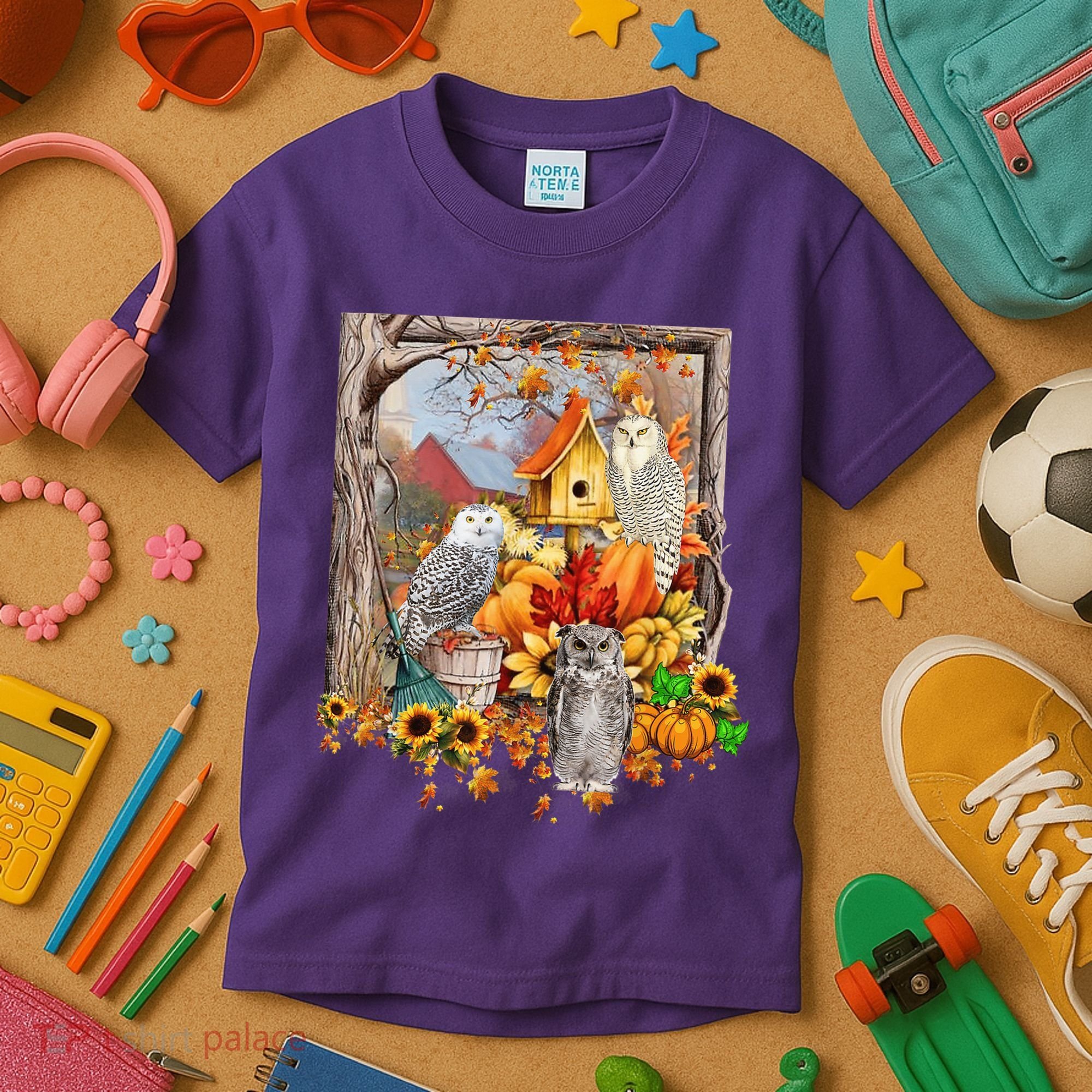 Owls Autumn Tree Leaves Fall Pumpkin Kids T-Shirt