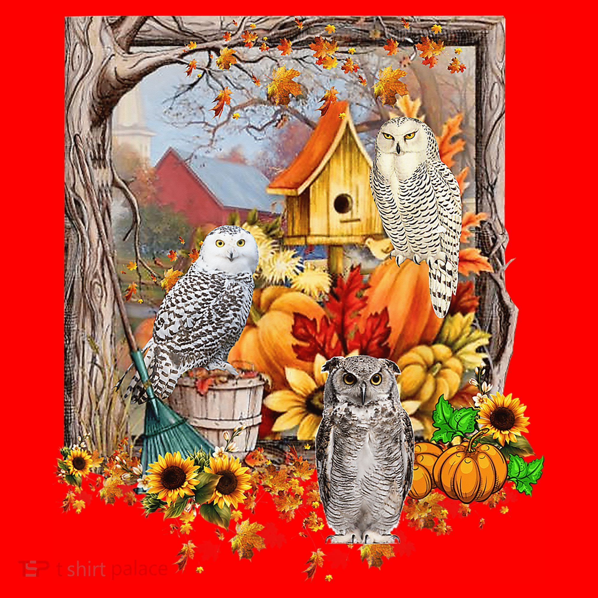 Owls Autumn Tree Leaves Fall Pumpkin Santa Hat