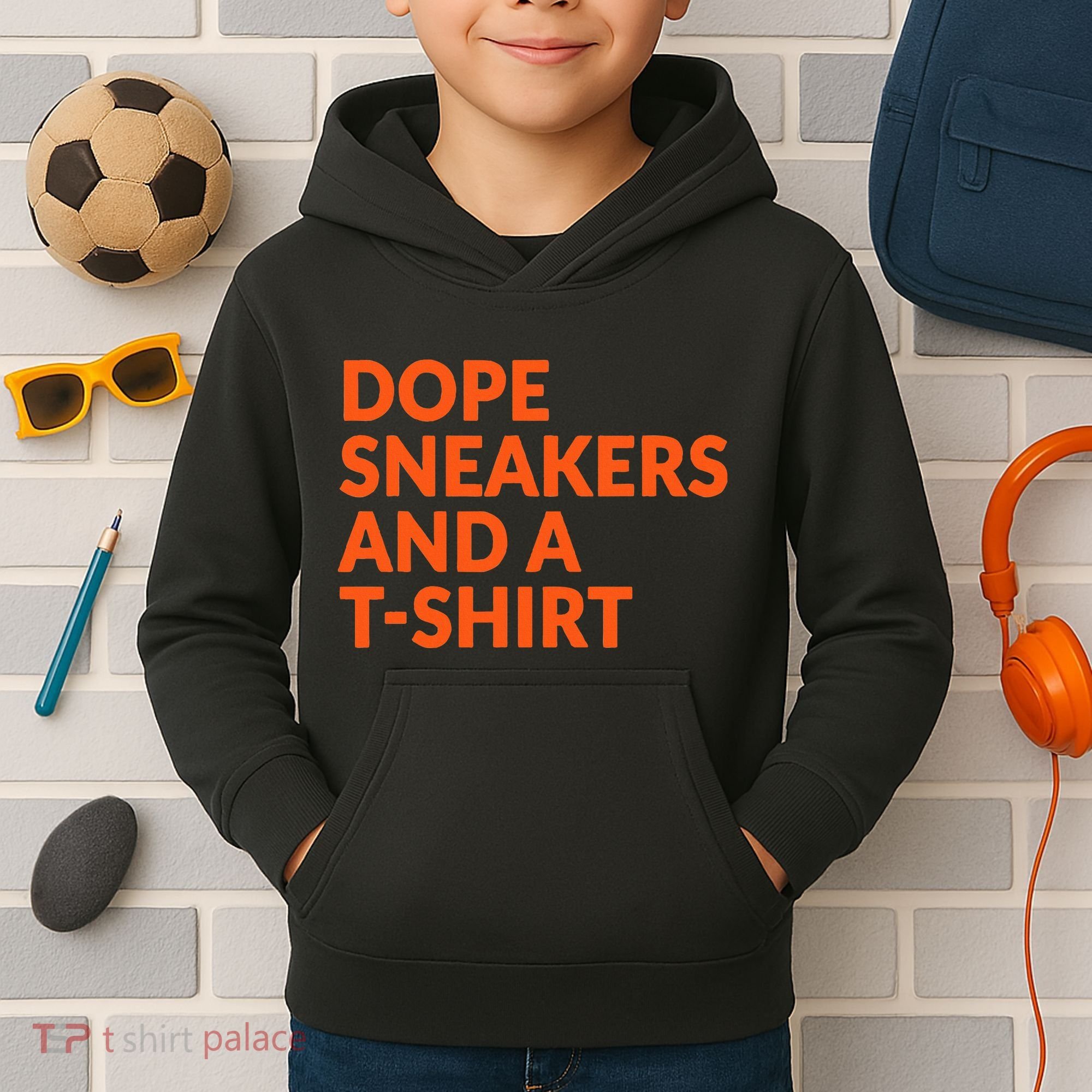 Orange And White Dope Sneakers And A Kids Hoodie