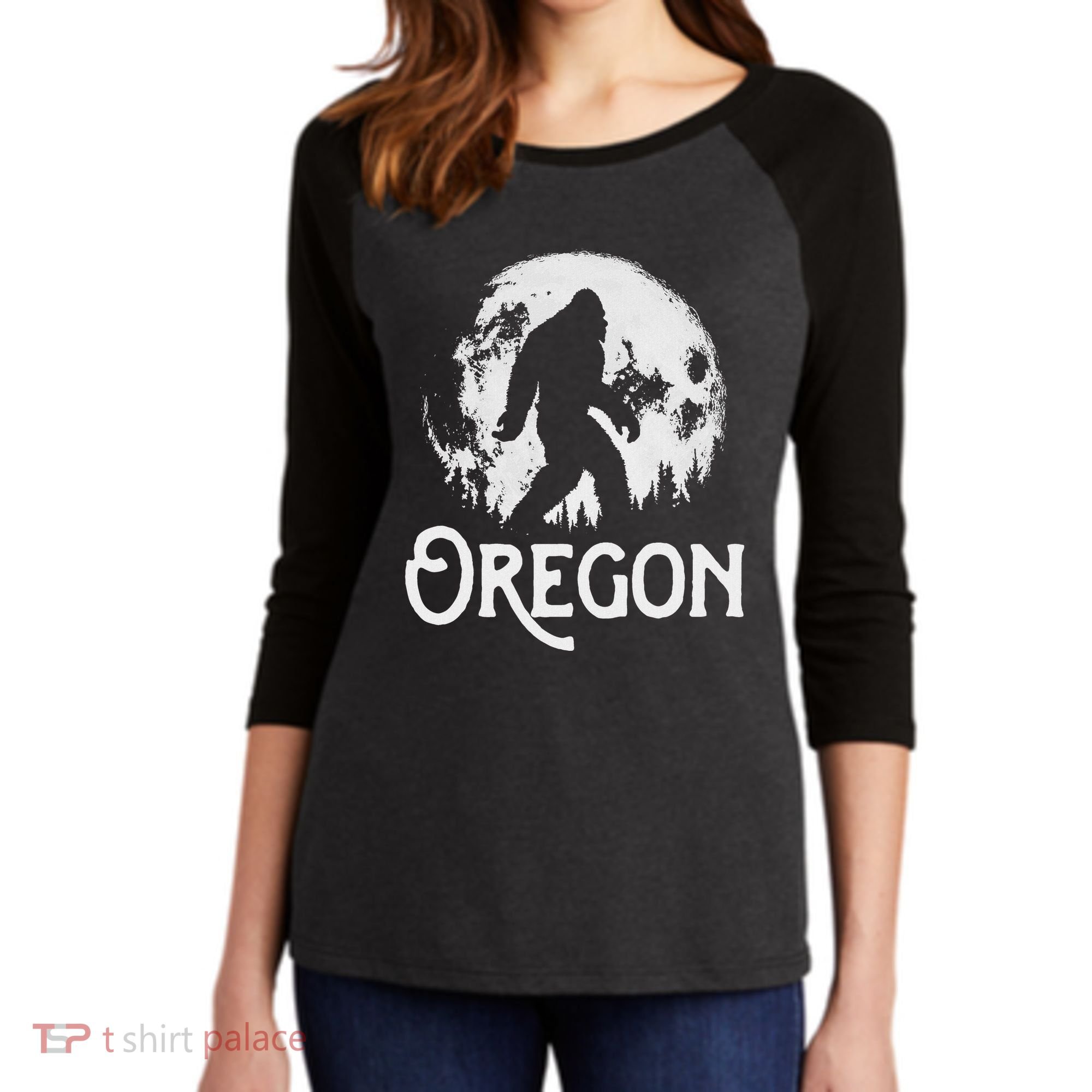 Oregon Bigfoot At Night! Cool Full Moon & Trees Sasquatch Women's Tri-Blend 3/4-Sleeve Raglan Shirt