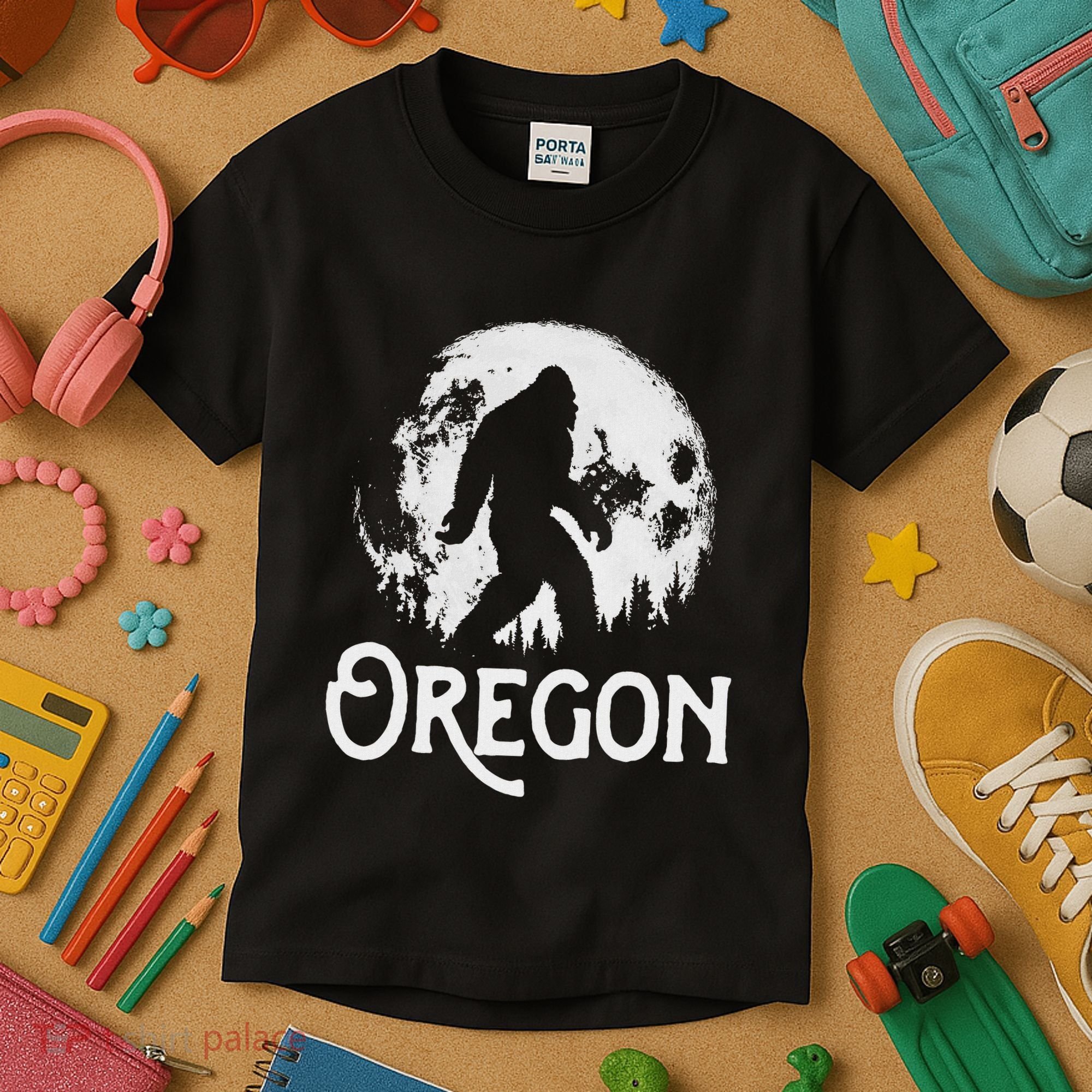 Oregon Bigfoot At Night! Cool Full Moon & Trees Sasquatch Kids T-Shirt
