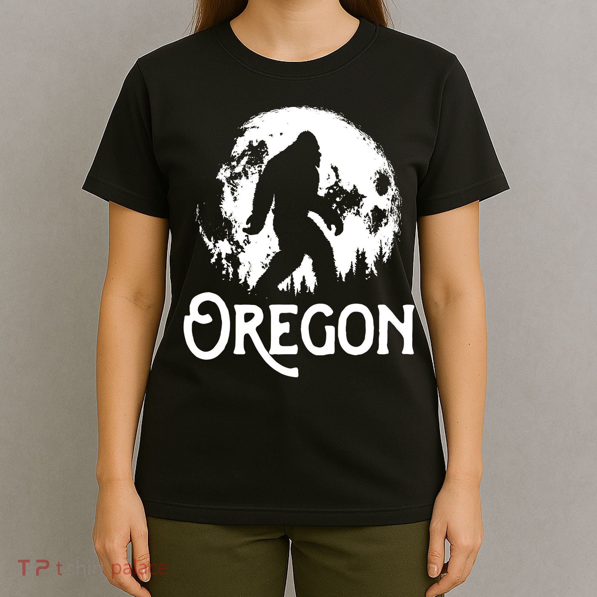 Oregon Bigfoot At Night Cool Full Moon Trees Sasquatch T-Shirt