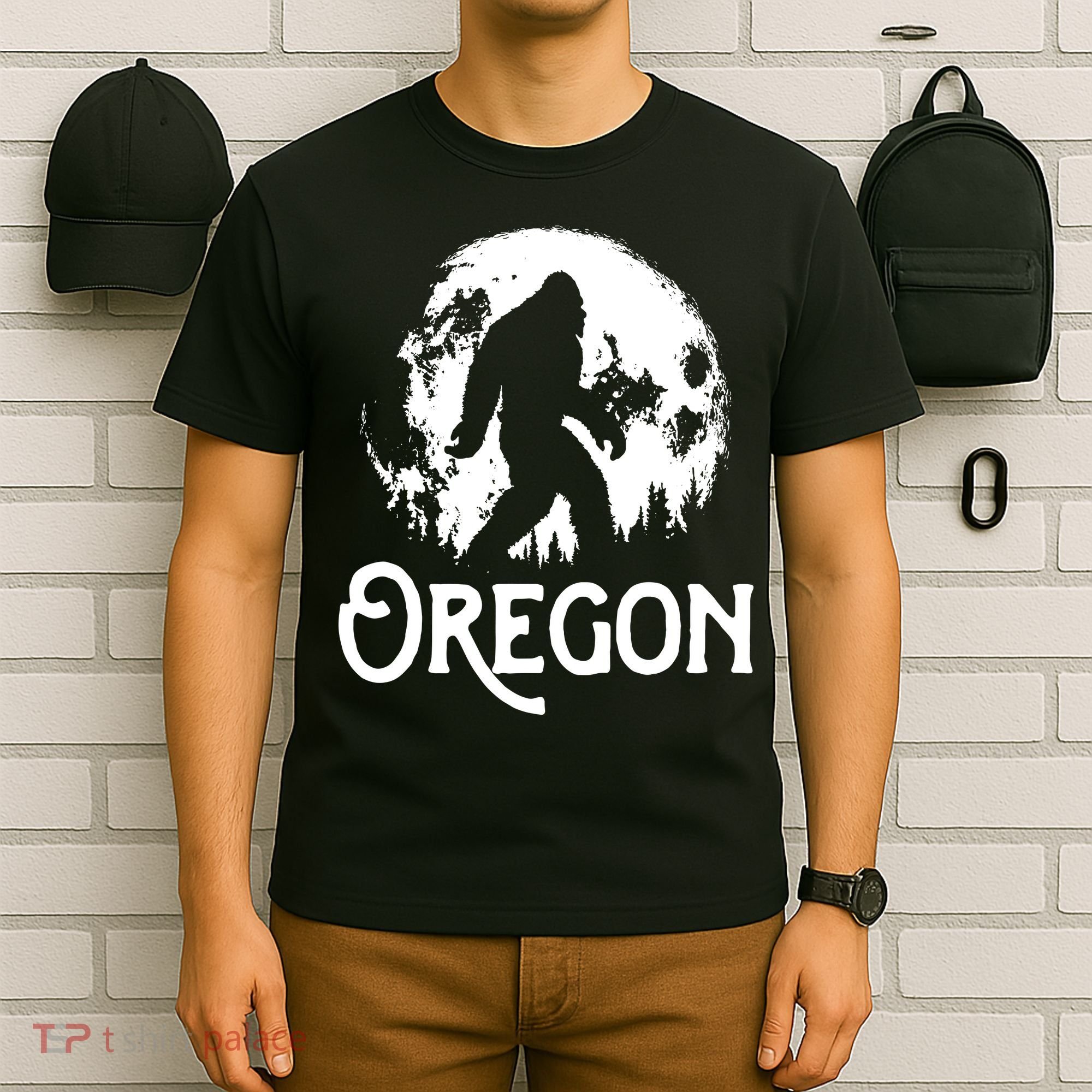 Oregon Bigfoot At Night Cool Full Moon Trees Sasquatch T-Shirt