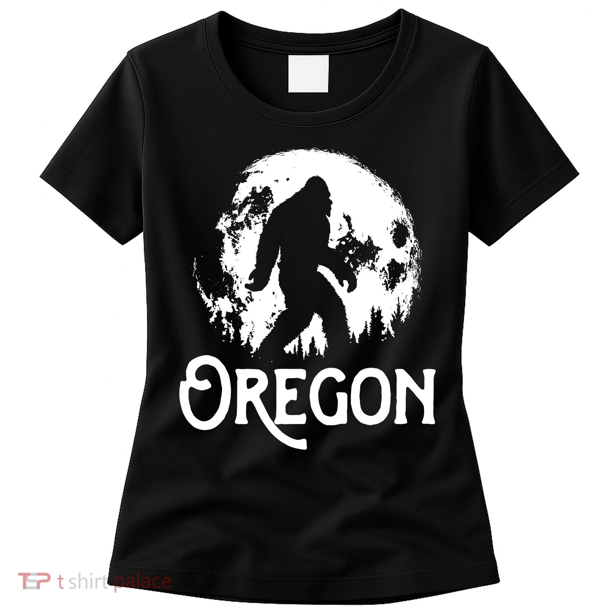 Oregon Bigfoot At Night Cool Full Moon Trees Sasquatch Women's T-Shirt