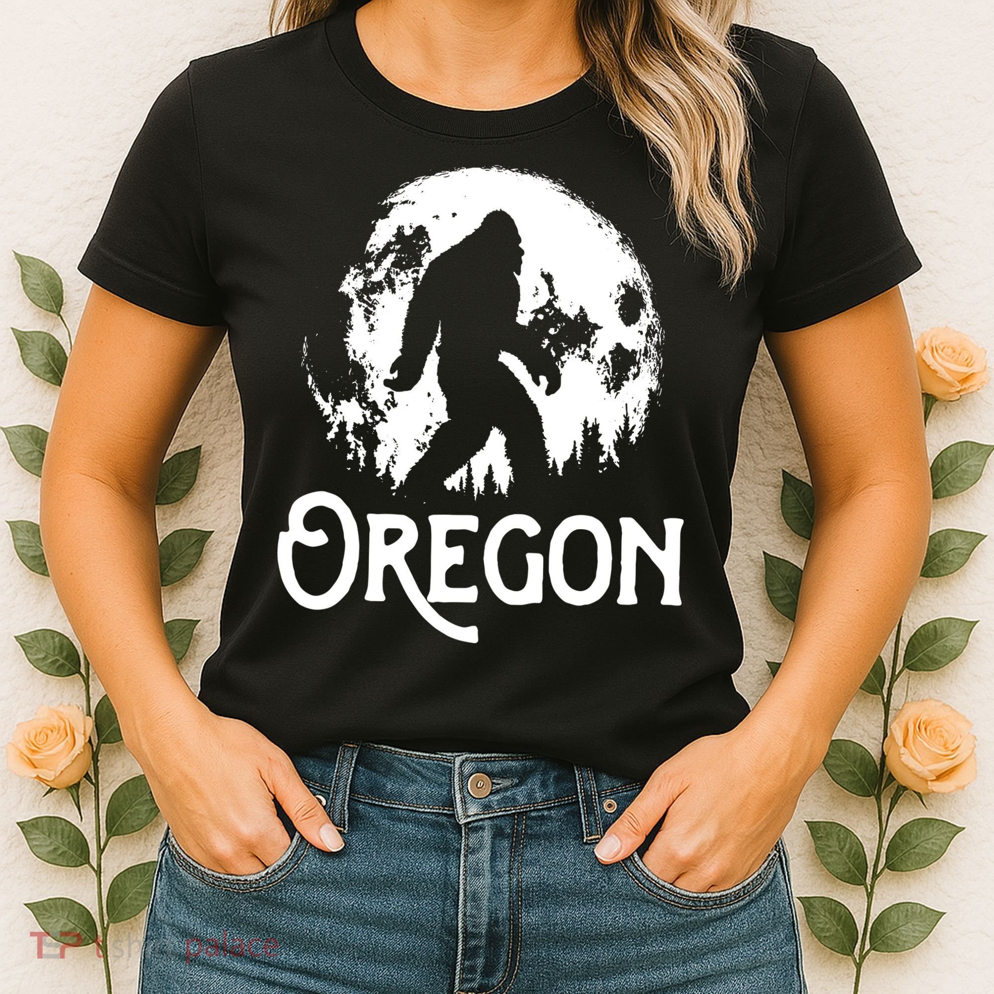 Oregon Bigfoot At Night Cool Full Moon Trees Sasquatch Women's T-Shirt