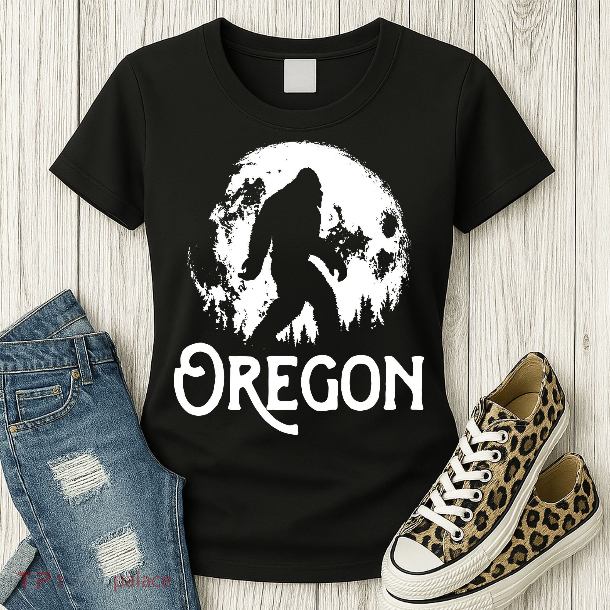 Oregon Bigfoot At Night Cool Full Moon Trees Sasquatch Women's T-Shirt