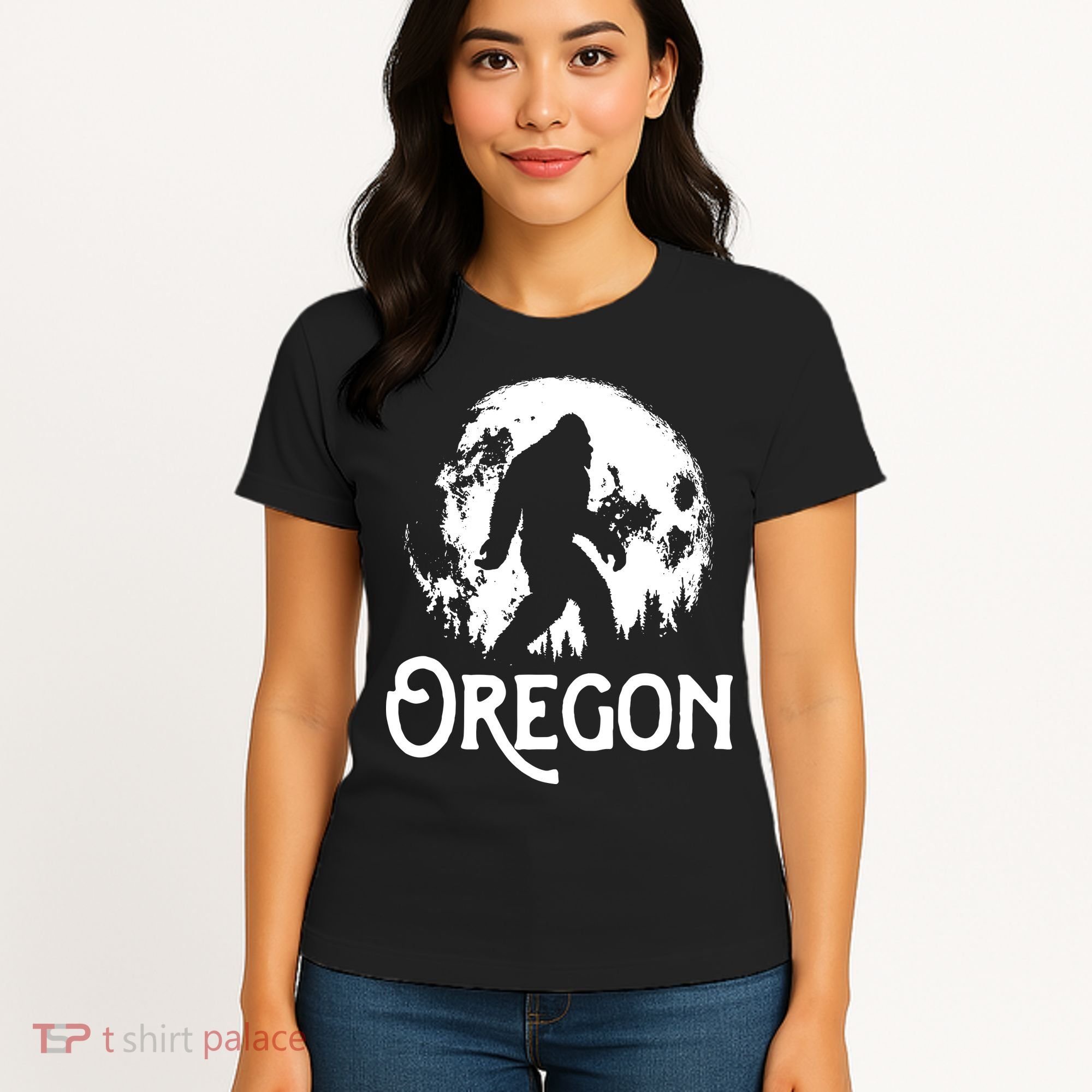 Oregon Bigfoot At Night Cool Full Moon Trees Sasquatch Women's T-Shirt