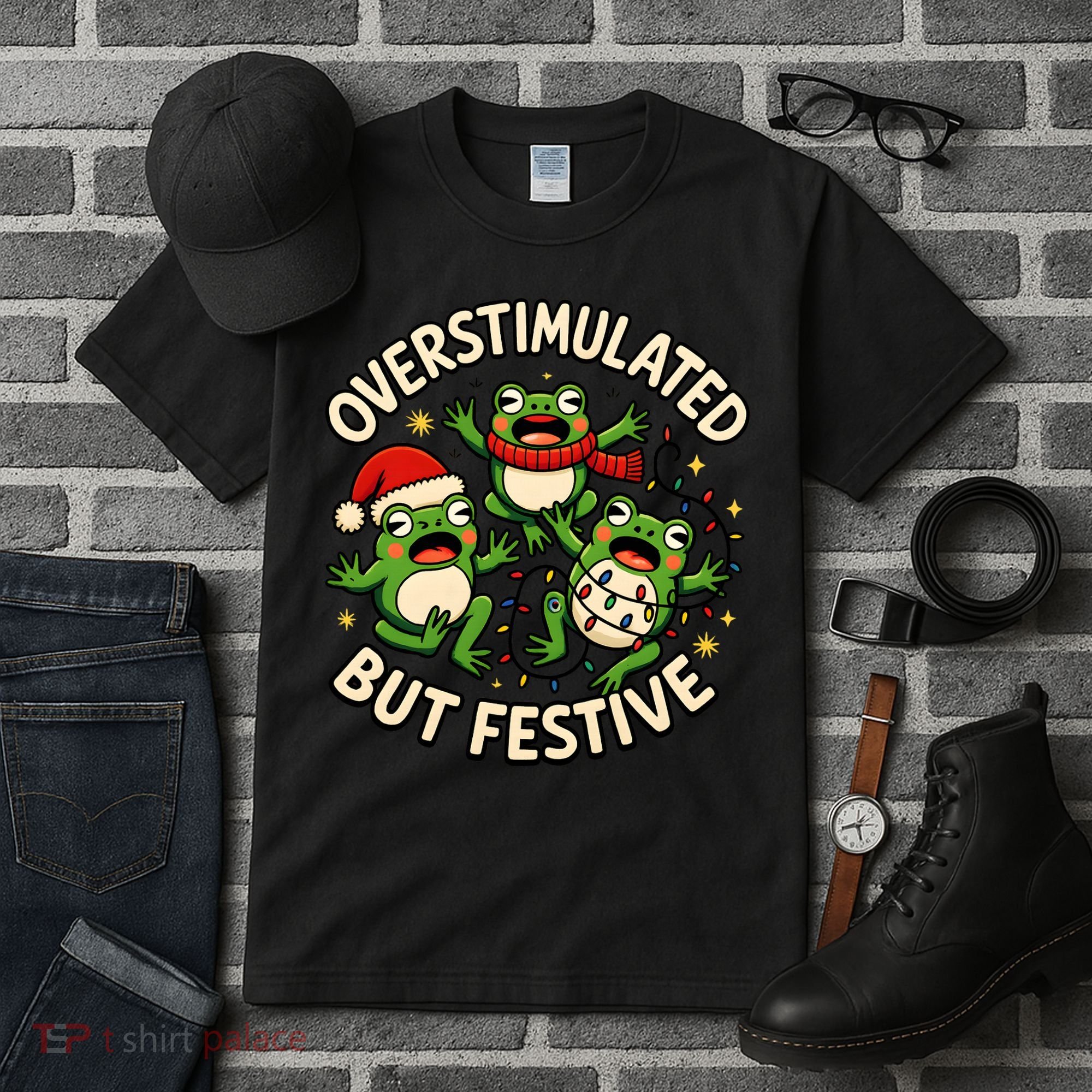 Overstimulated But Festive Frogs Christmas Funny Tall T-Shirt