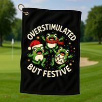 Overstimulated But Festive Frogs Christmas Funny Golf Towel thumb 1