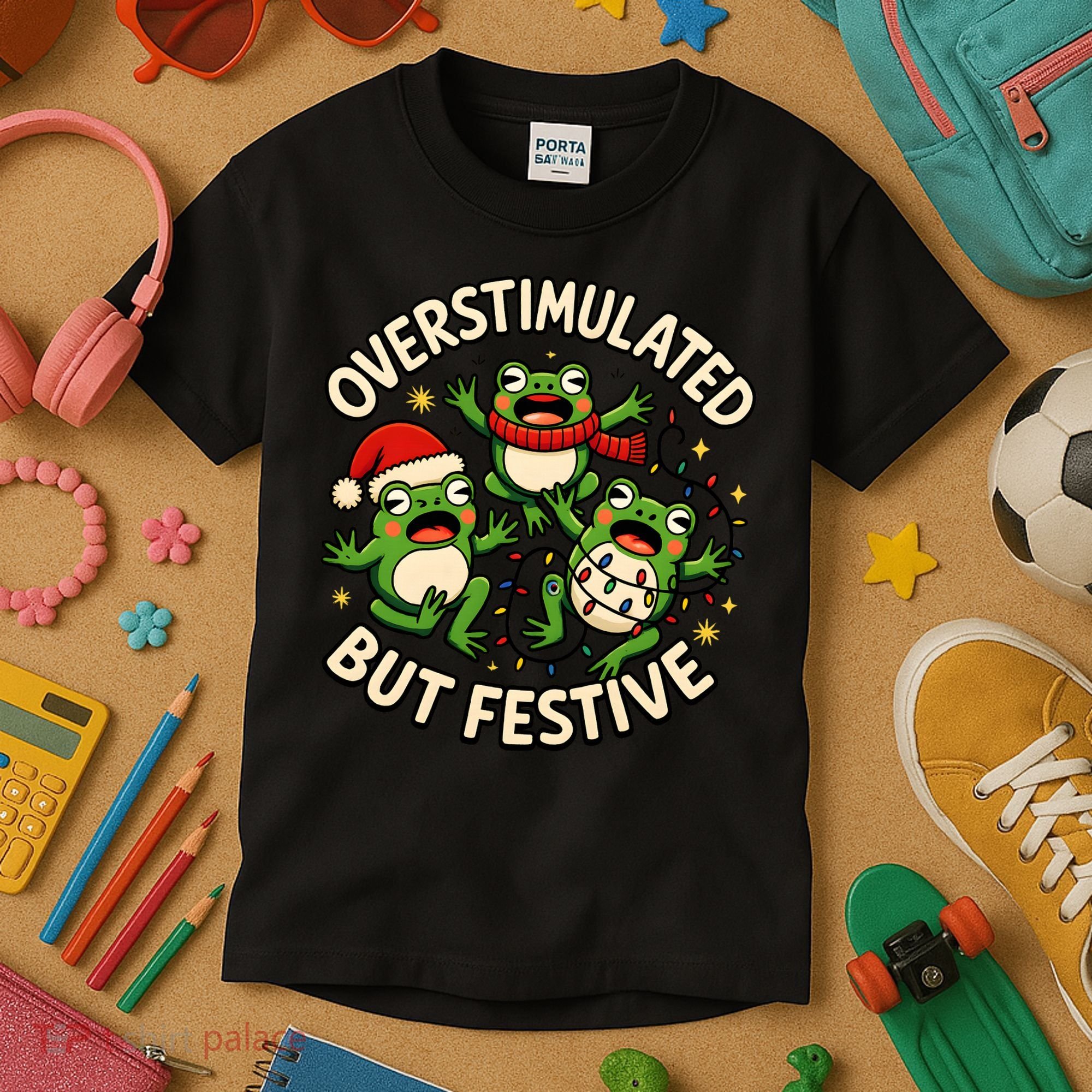 Overstimulated But Festive Frogs Christmas Funny Kids T-Shirt